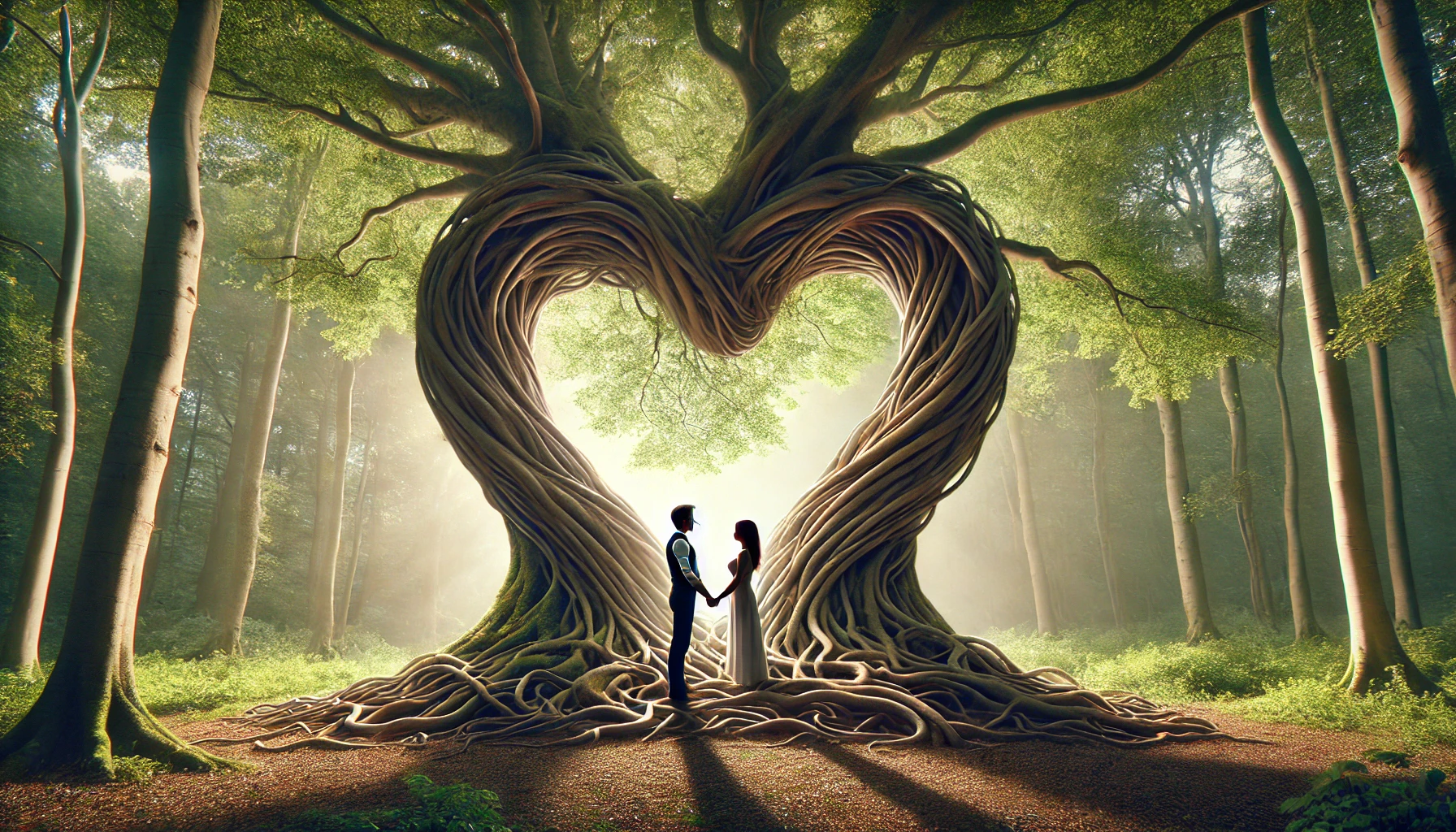 A couple under a large, ancient tree with intertwined branches forming a heart shape.