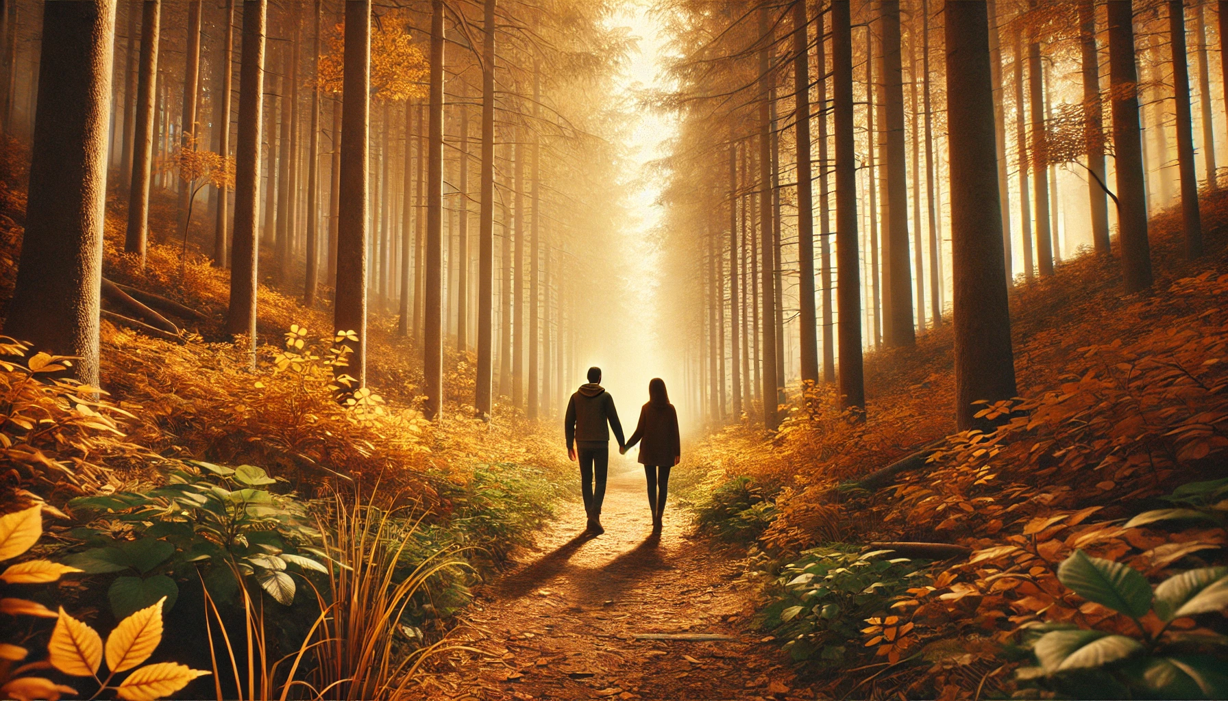 A couple walking hand in hand through a dense forest during autumn.