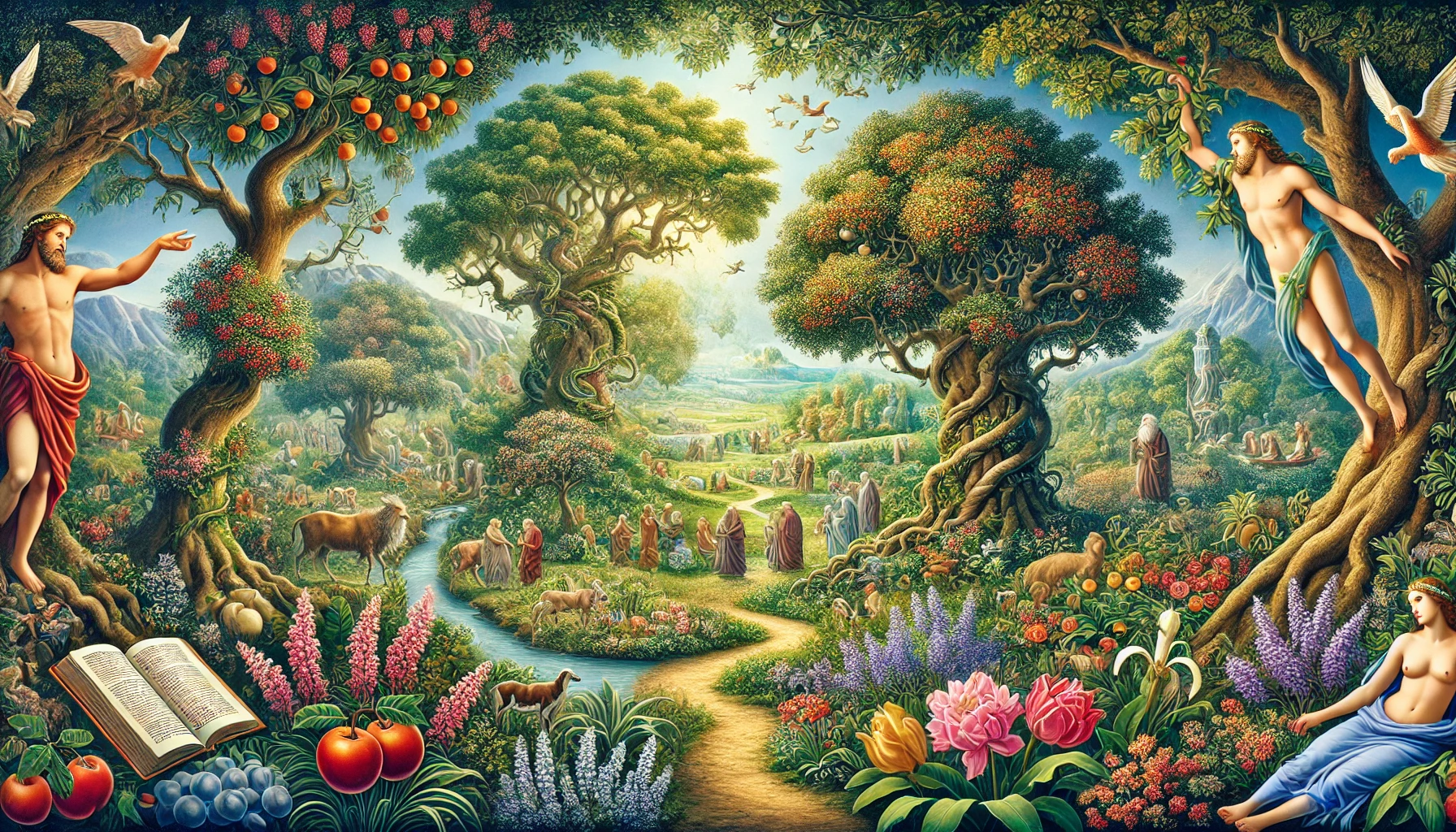 A depiction of the Garden of Eden with diverse and pleasing trees.