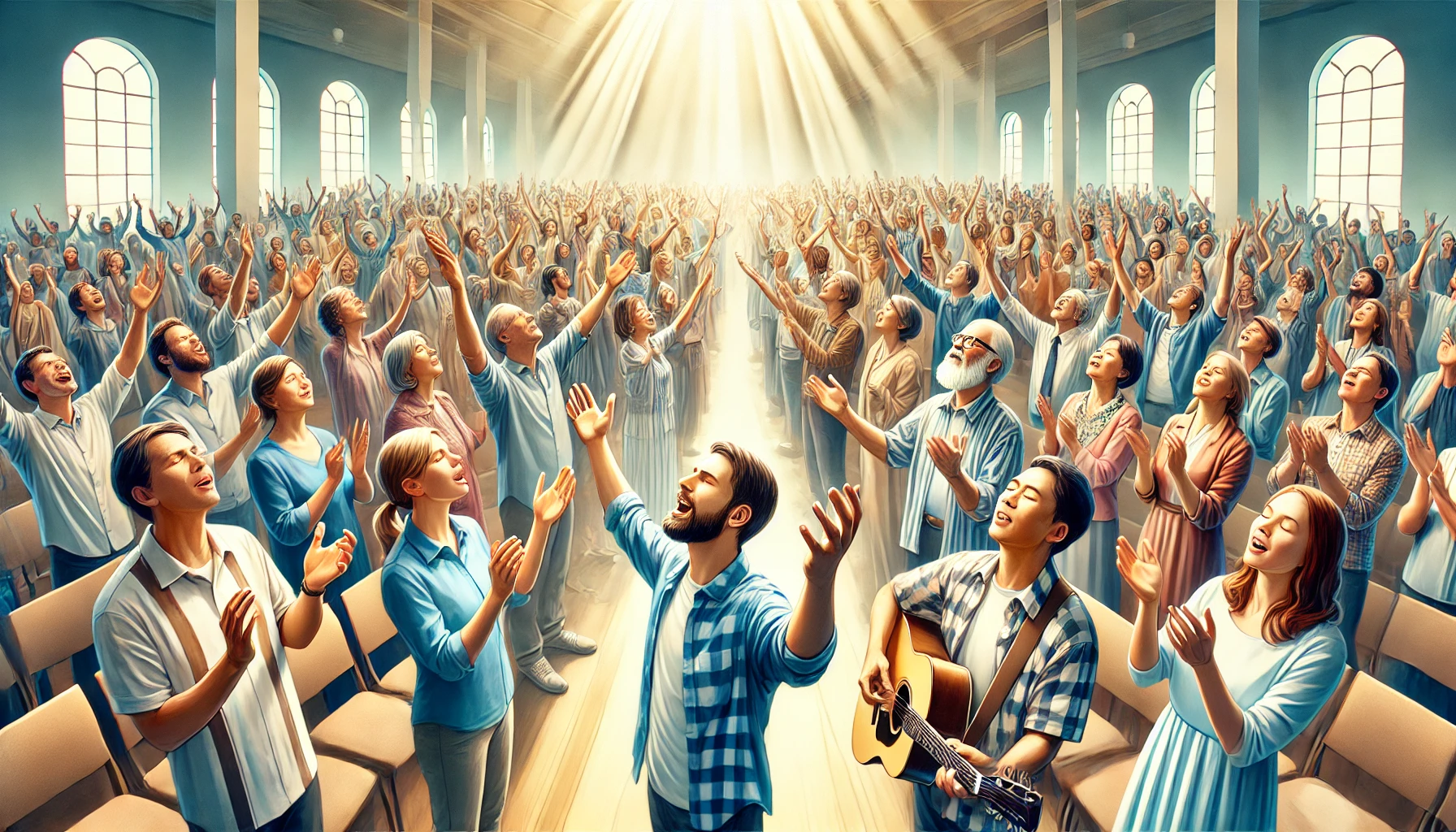 A diverse congregation worshiping together with uplifted hands and joyous expressions.