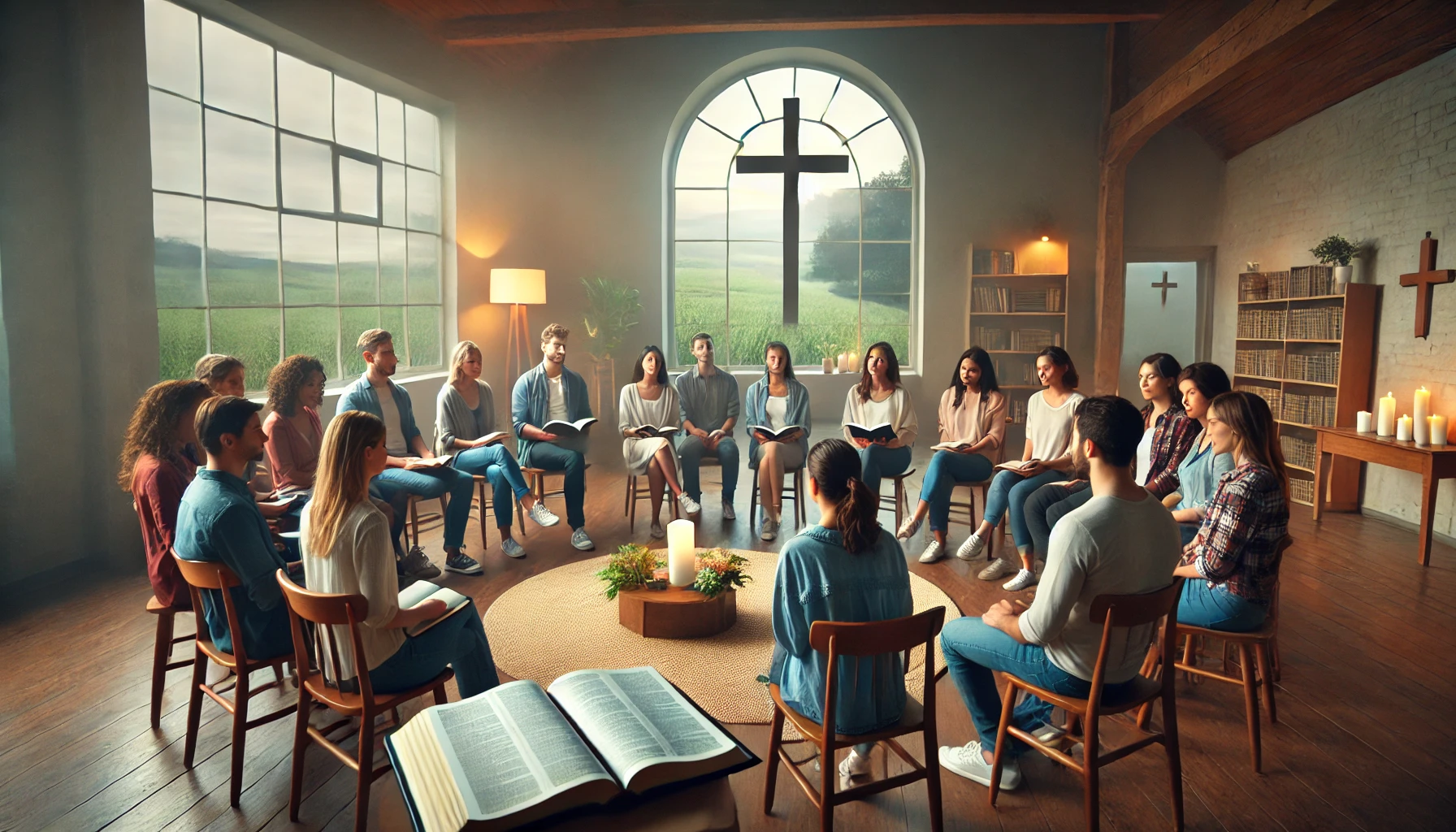 A diverse group of church members gathered in a serene room, sitting in a circle with open Bibles and notepads, ready for a meeting.