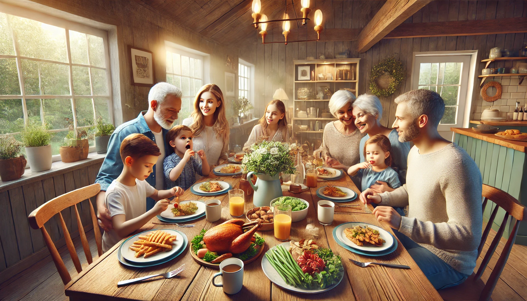 A family gathered around a table for a meal, sharing food and enjoying each other's company in a cozy home setting.