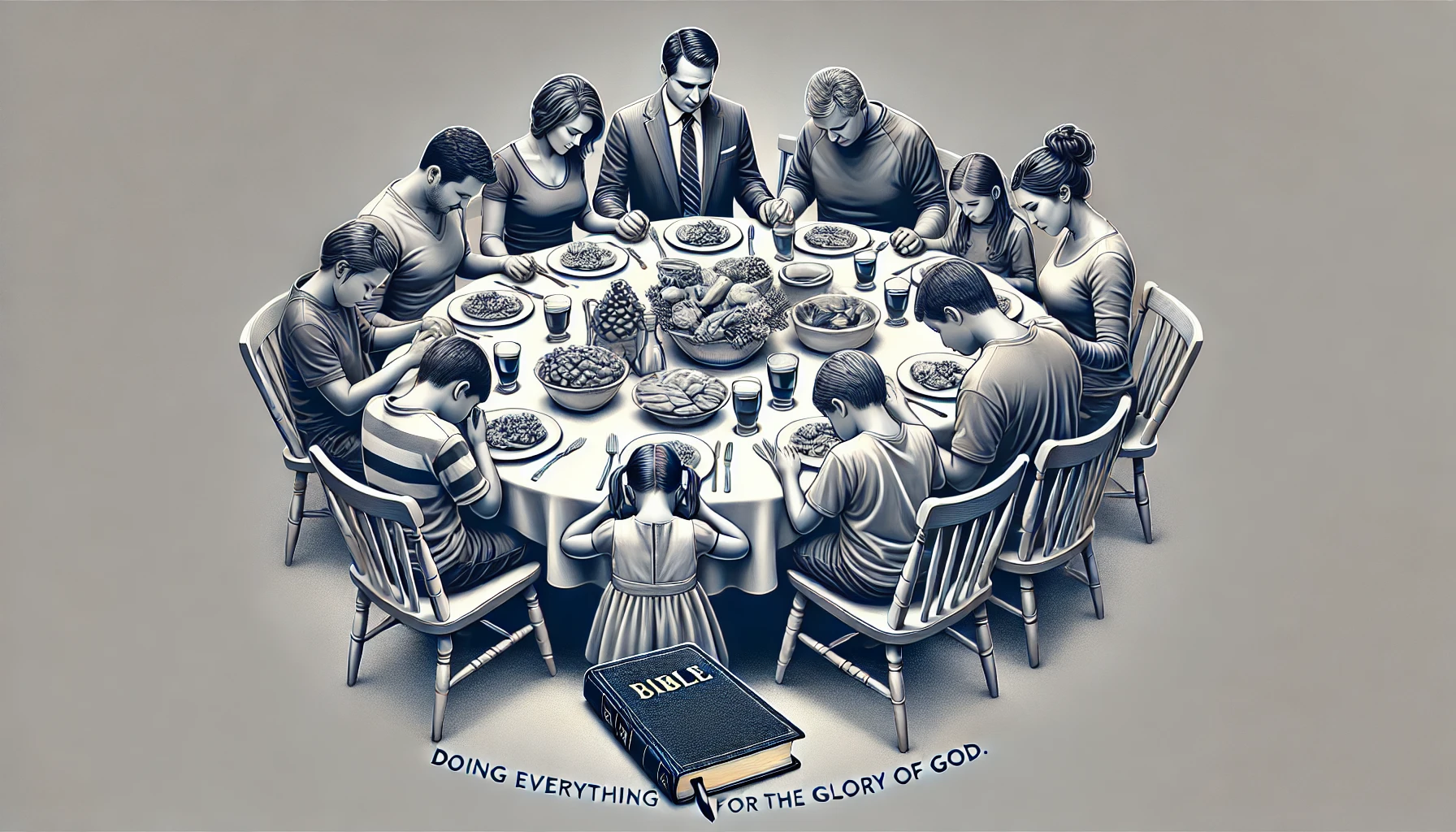 A family gathered around a table for a meal, with everyone bowing their heads in prayer.