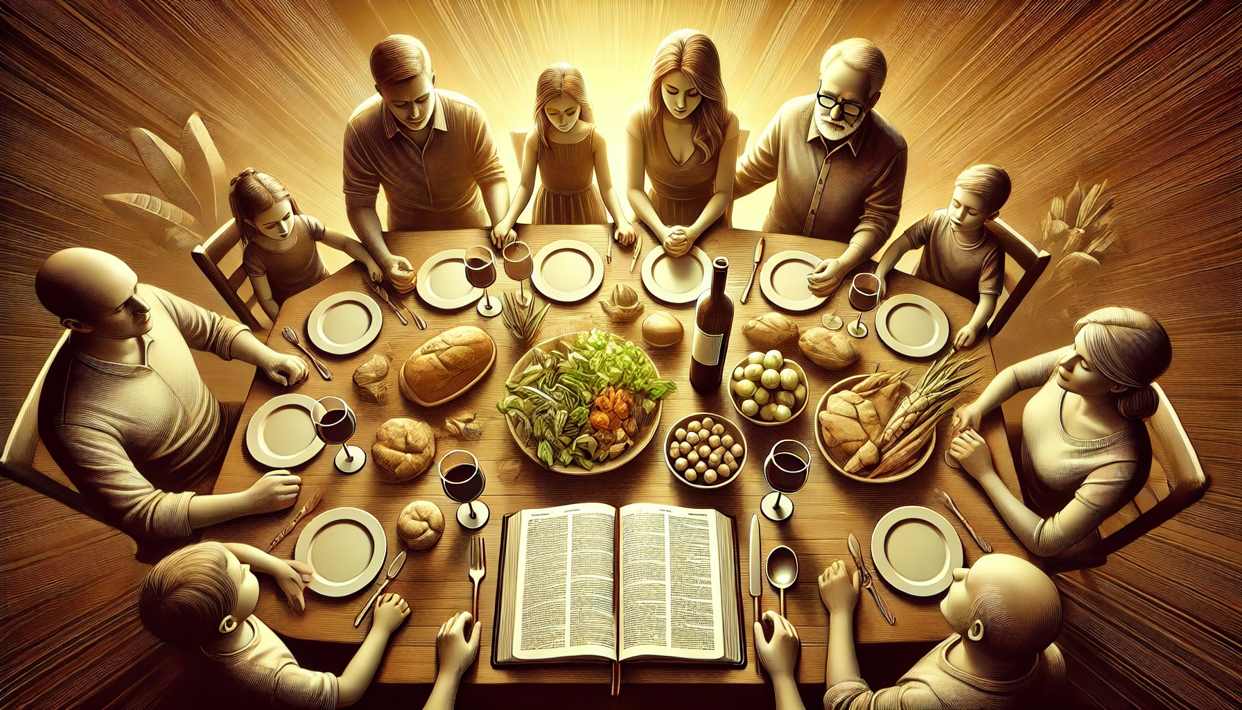 A family gathered around a table with a meal, wine glasses, and a Bible in the center.