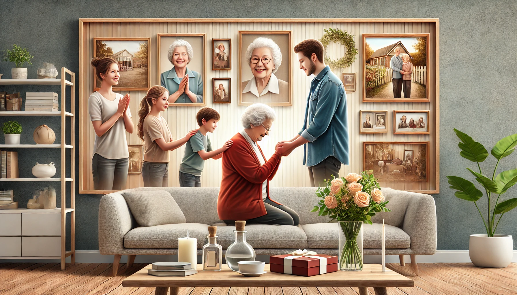 A family honoring their elderly mother, showcasing respect and gratitude.