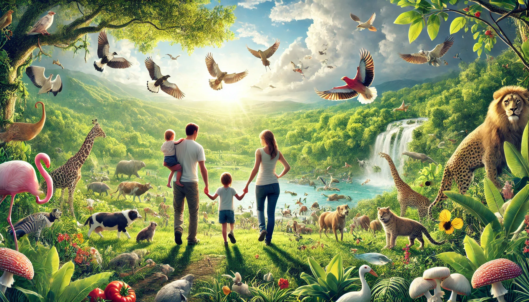 A family walking together in a lush, green landscape.