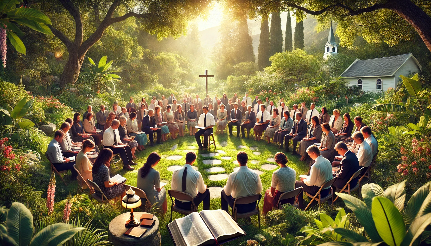 A group of church members gathered outdoors in a tranquil garden setting, seated in a circle with open Bibles and notebooks.