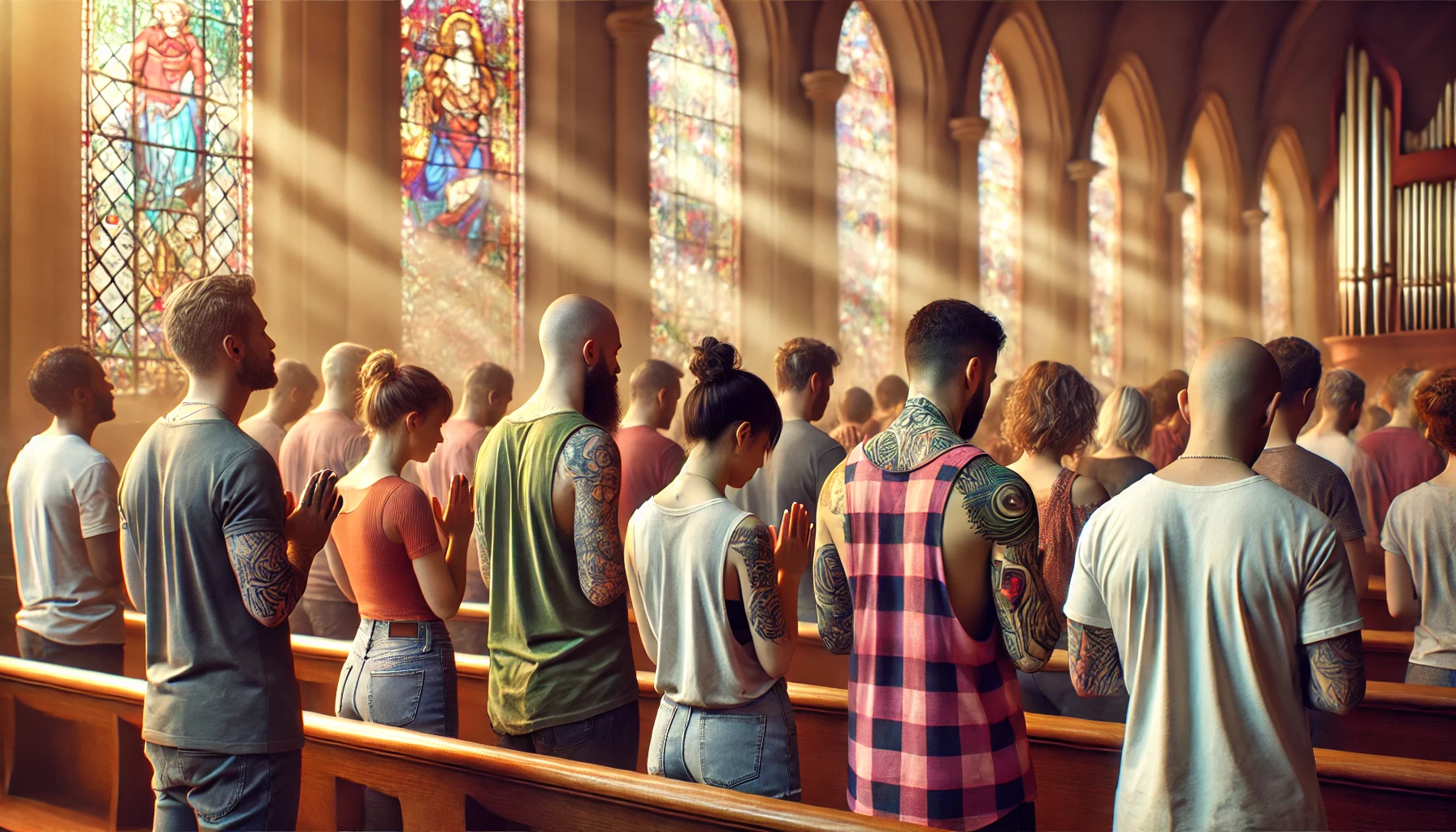 A group of diverse people in a church setting.