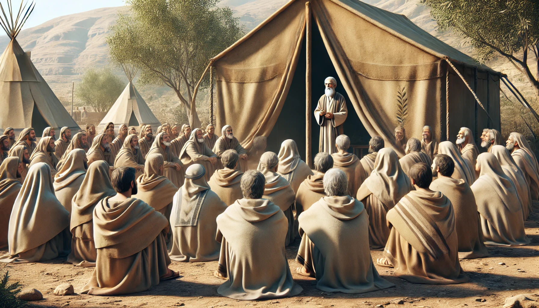 A group of people in ancient robes gathered outside a tent or dwelling.