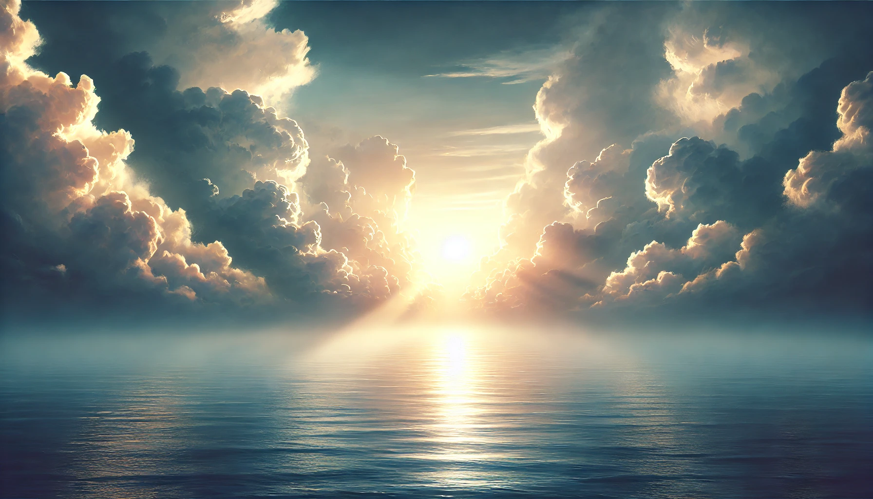 A hopeful scene of a gentle sunrise breaking through clouds over a calm sea.