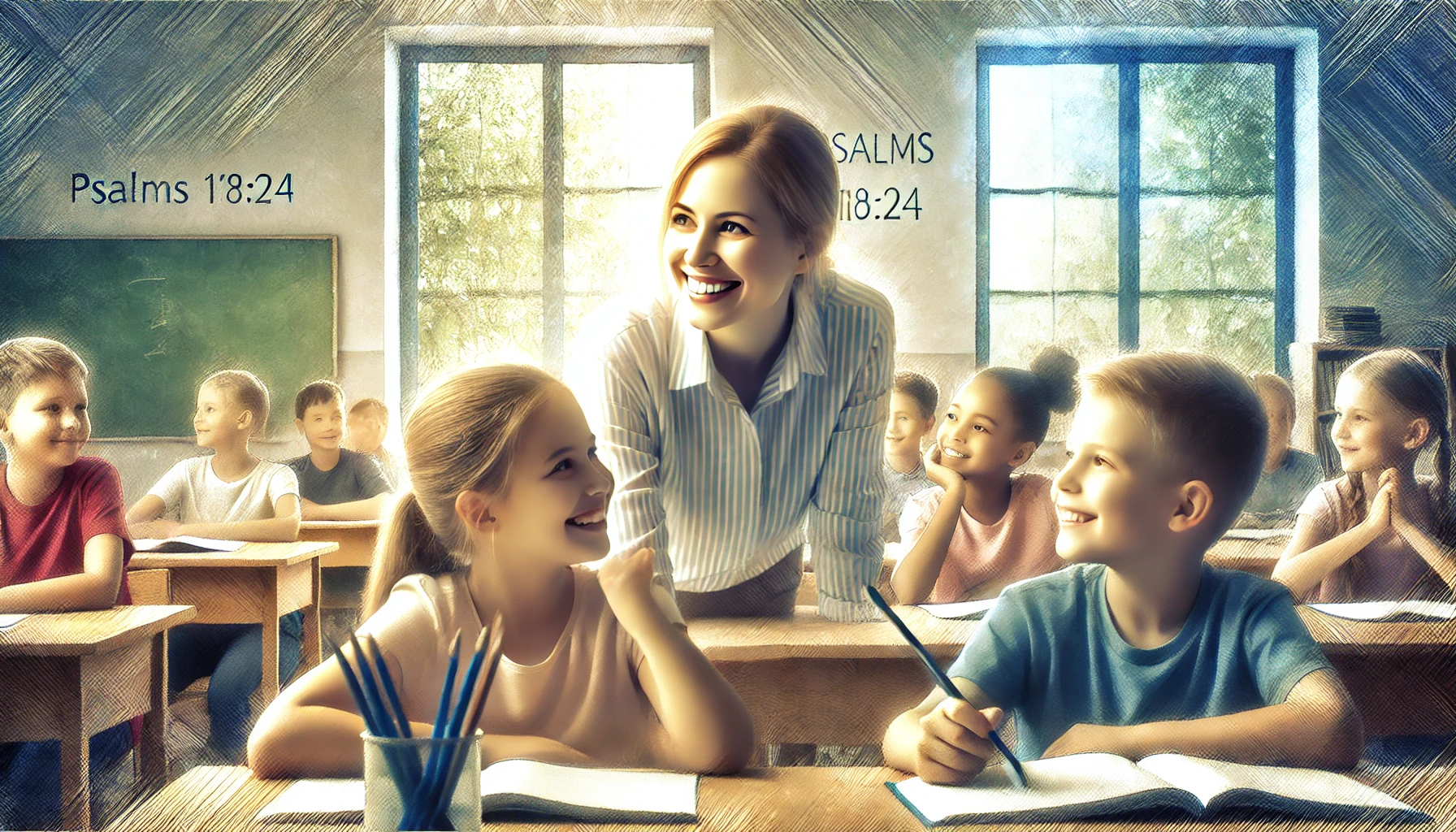 A joyful classroom scene with a teacher and students.