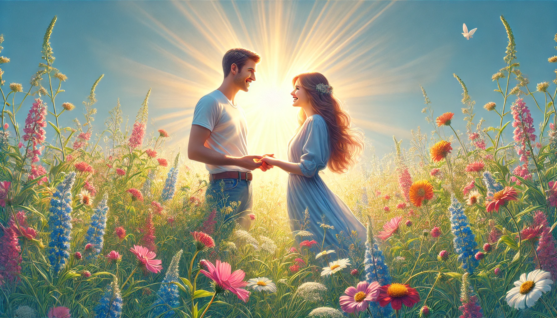 A joyful couple standing in a sunlit field of wildflowers.