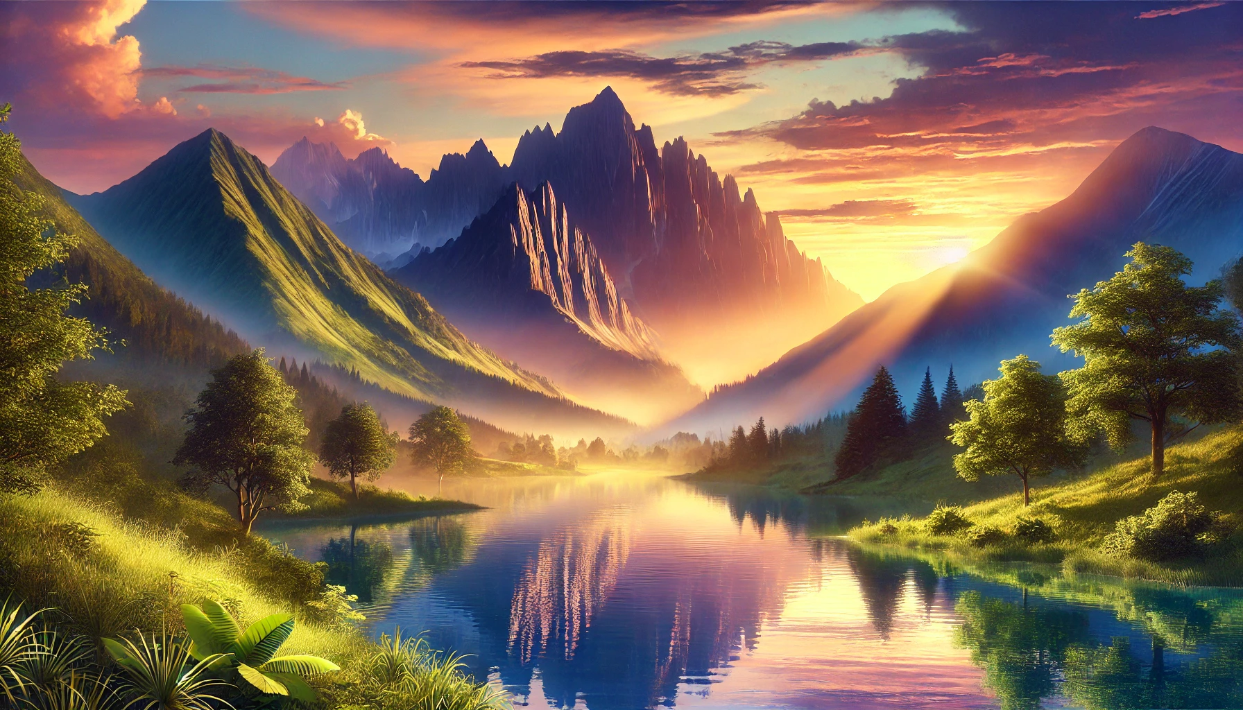 A majestic mountain landscape during sunrise. The mountains are covered in lush greenery.