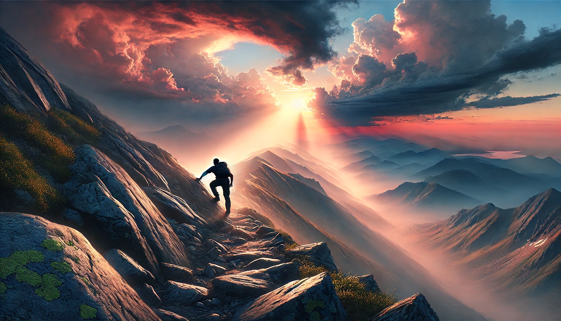 A man climbing a rocky path on a mountain during sunrise.