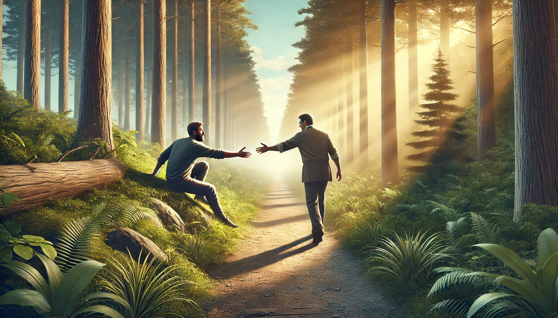 A man helping another person up on a path surrounded by nature.