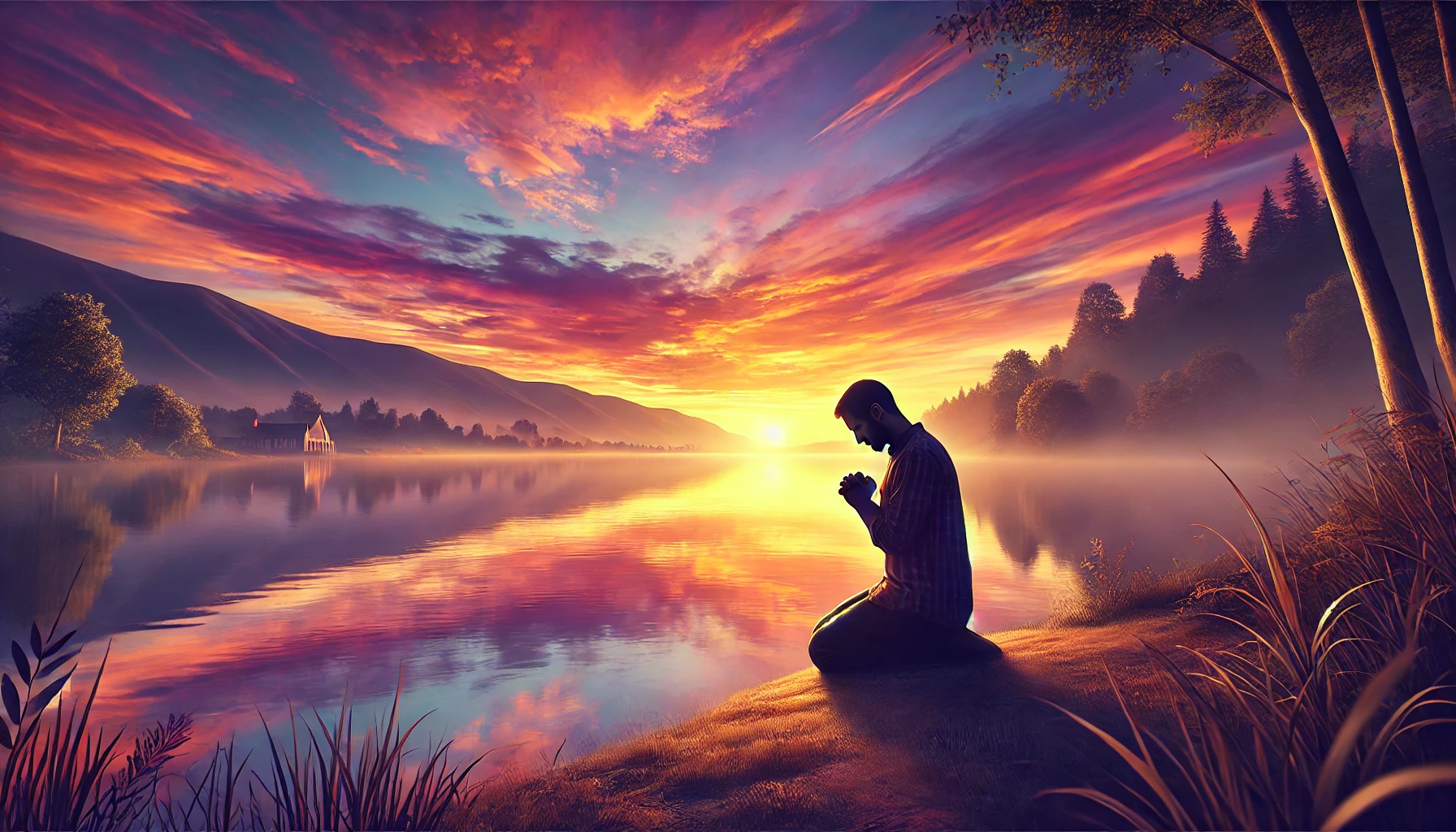 A man kneeling in prayer by a calm lake at sunset.