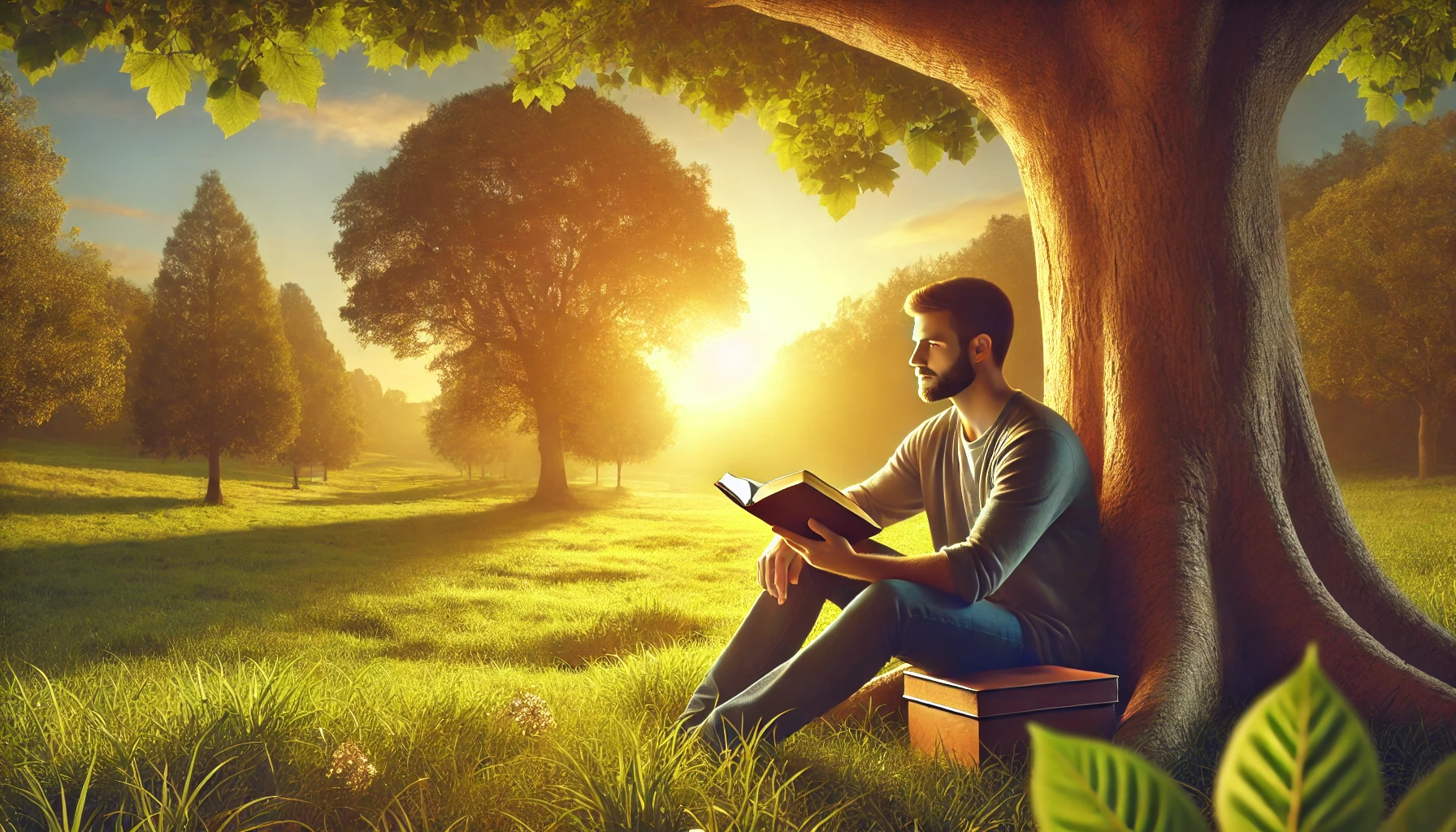 A man reading a Bible under a large tree in a peaceful park.