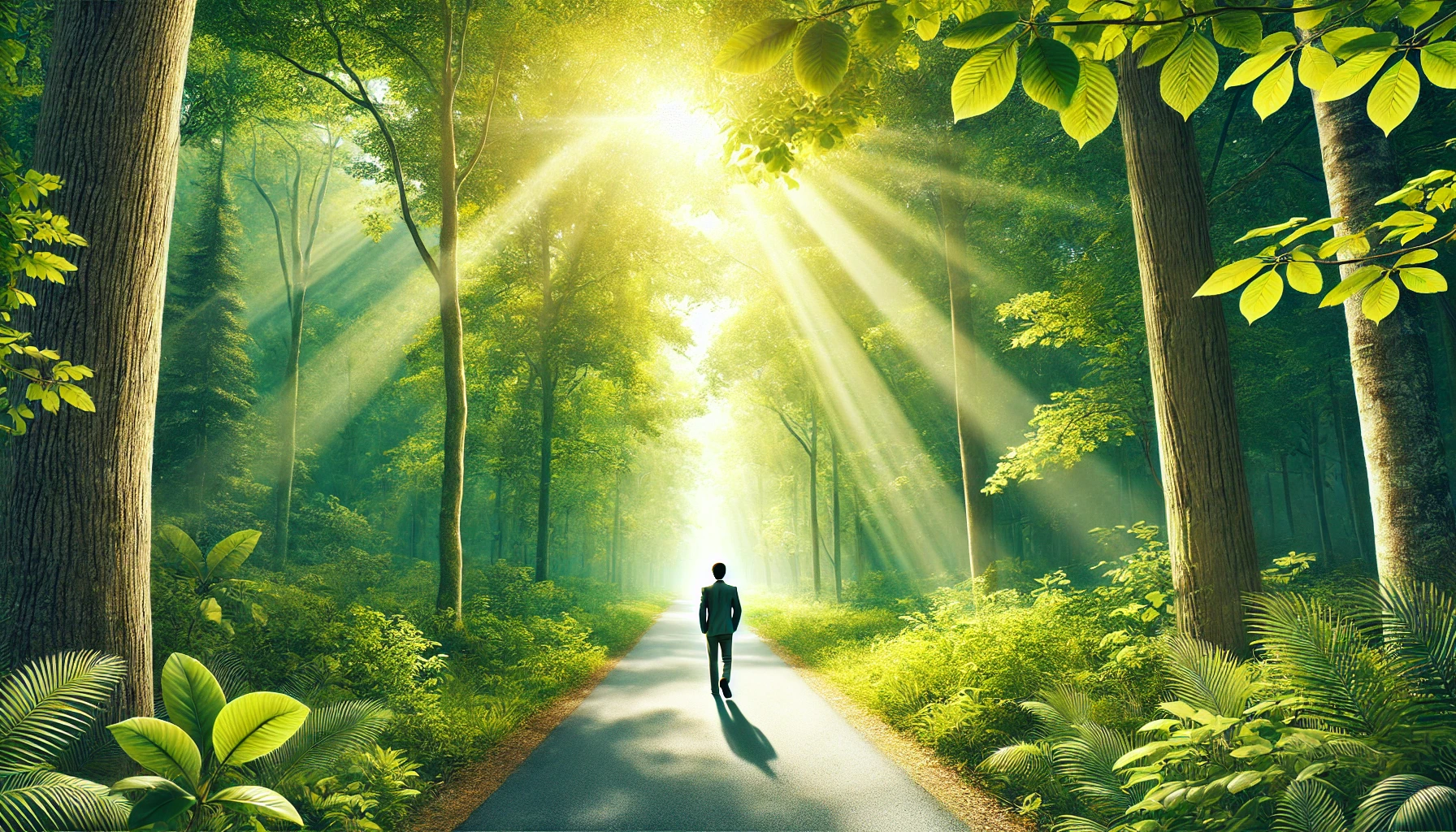 A man walking along a path in a lush forest during a bright, sunny day.