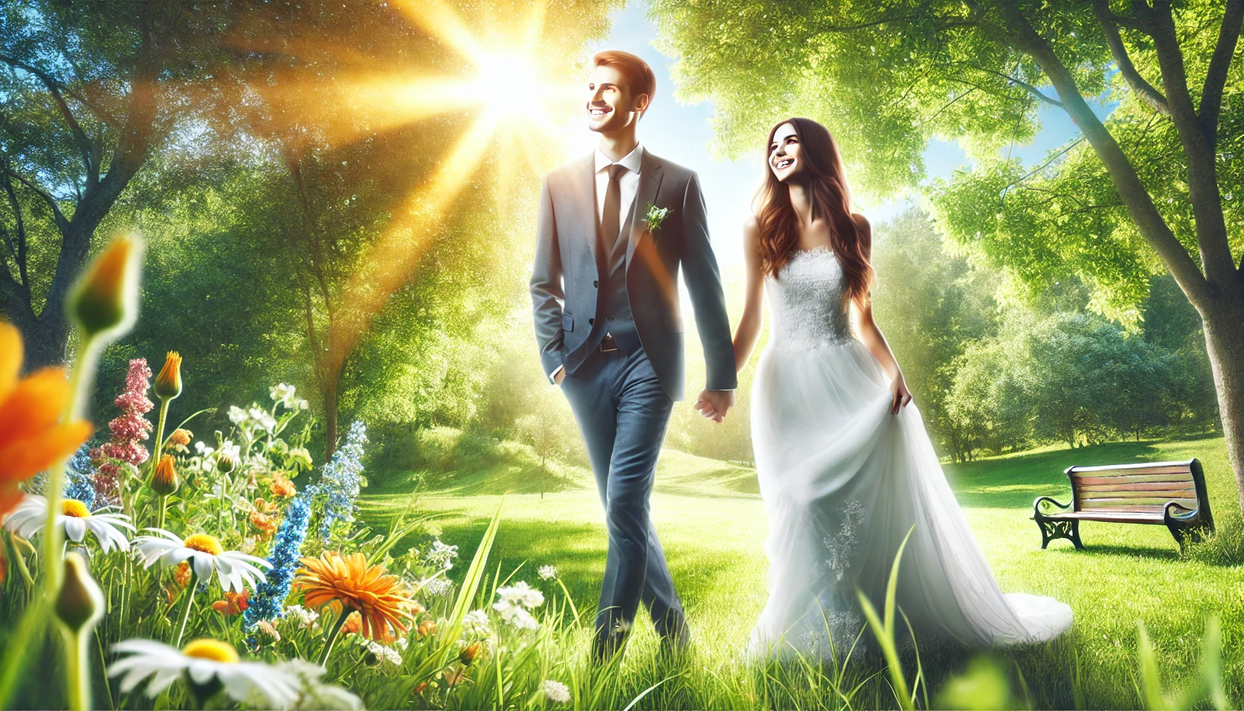 A married couple walking together in a lush green park on a sunny day, holding hands and smiling at each other.