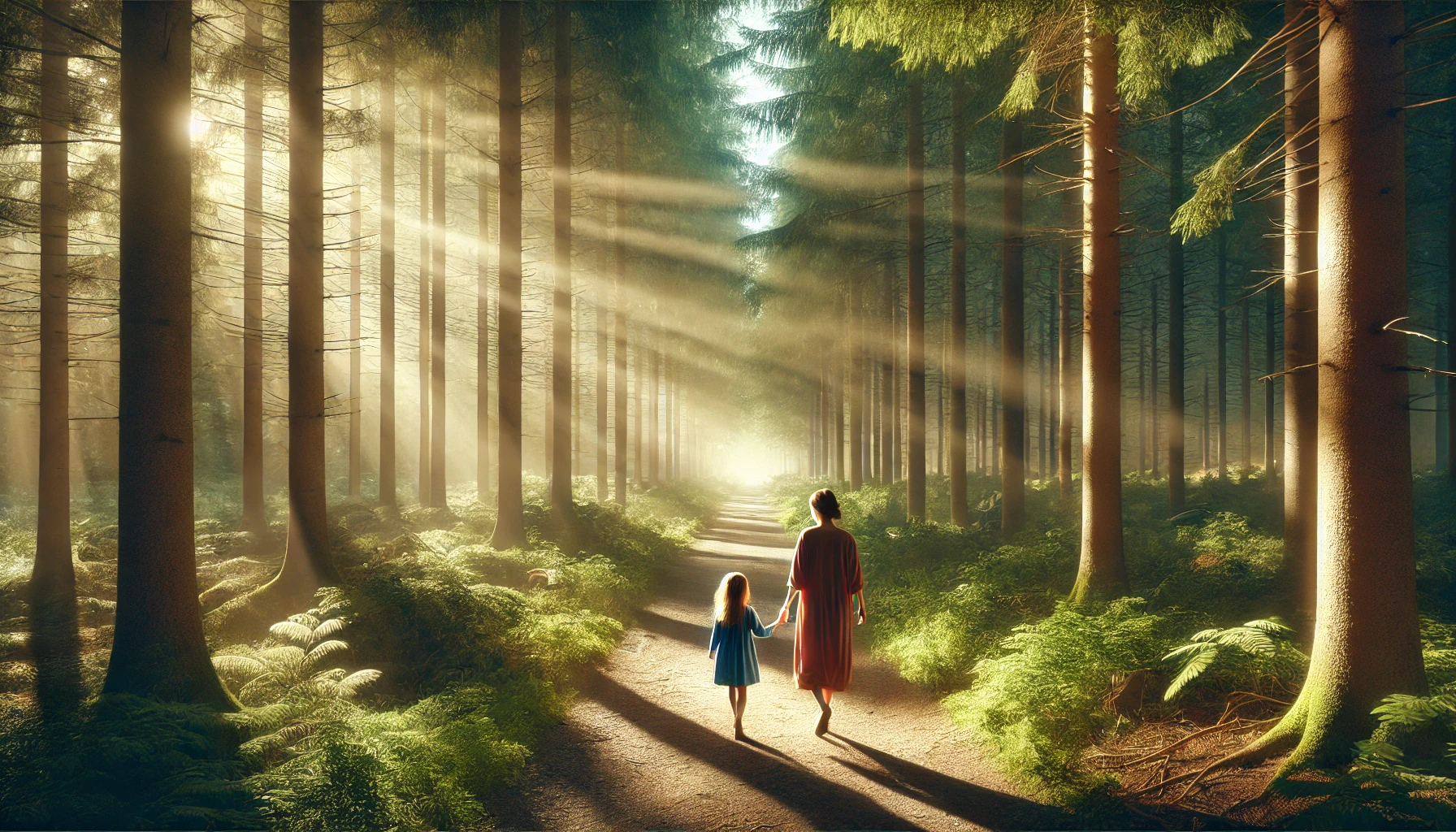 A mother and daughter walking hand in hand through a sunlit forest path with tall trees.