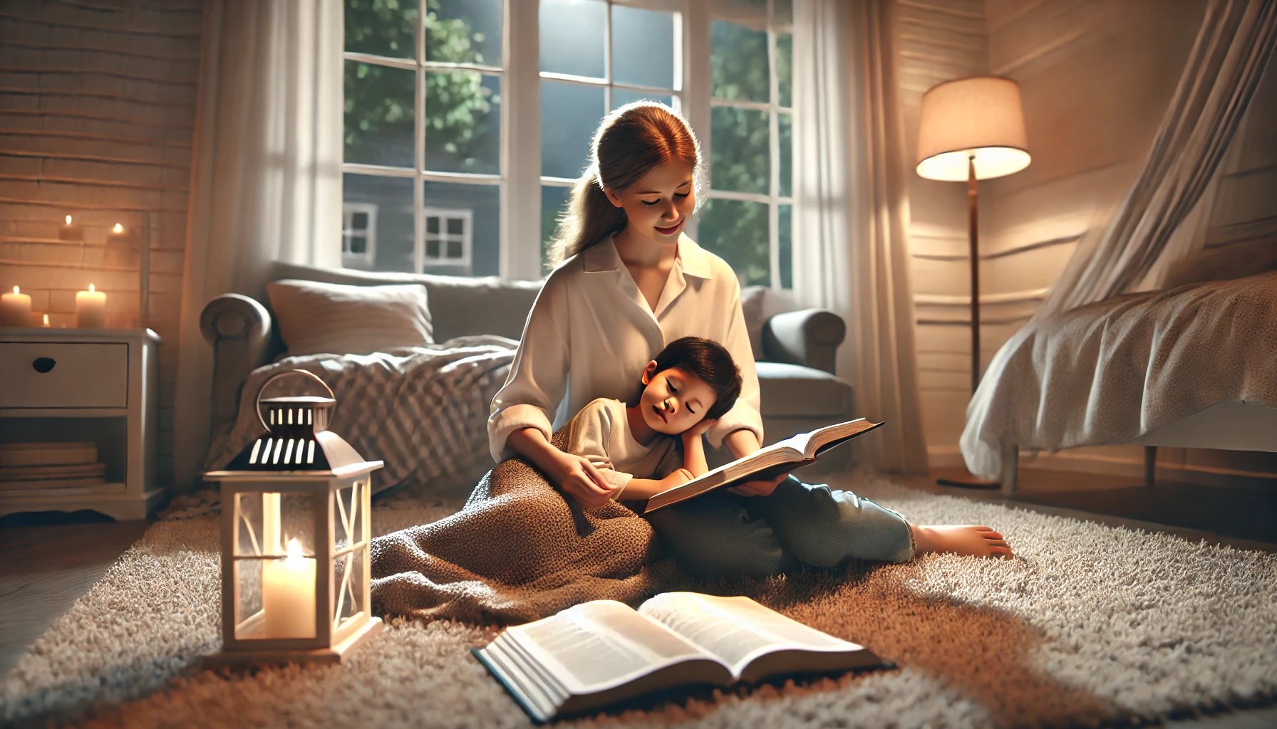 A mother reading a bedtime story to her child in a cozy room with soft lighting.