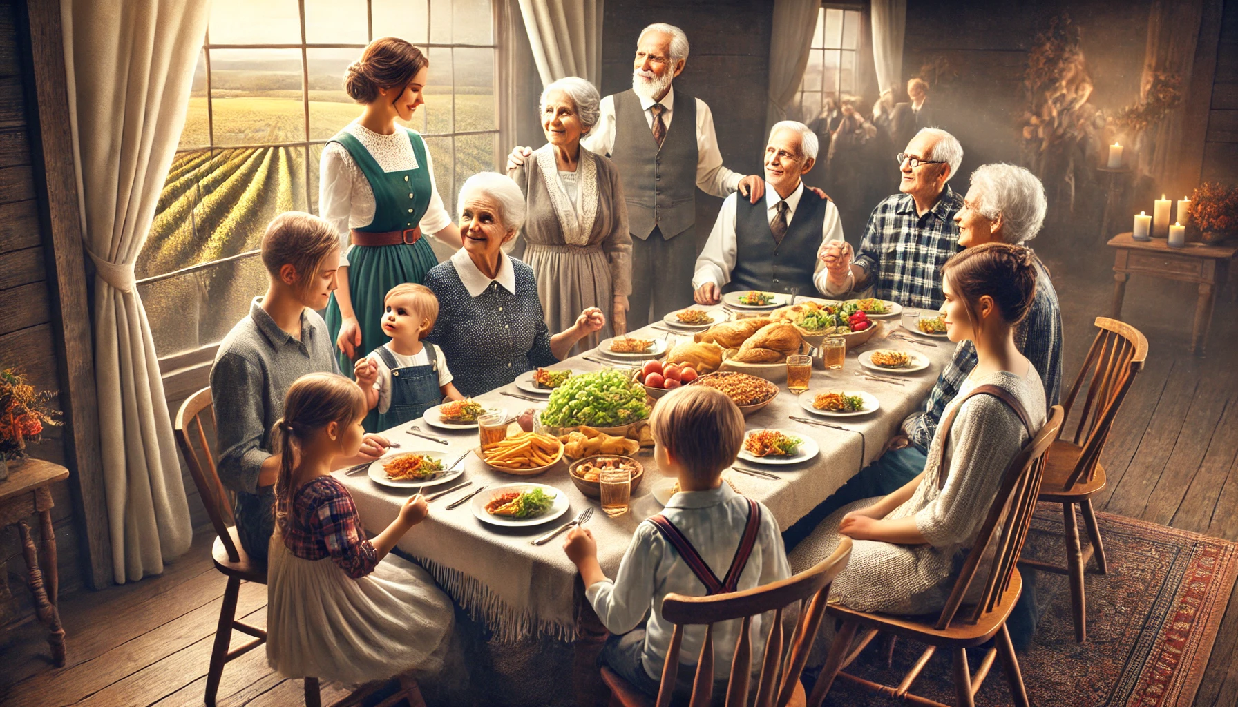 A multi-generational family gathered around a table, sharing a meal and giving thanks.