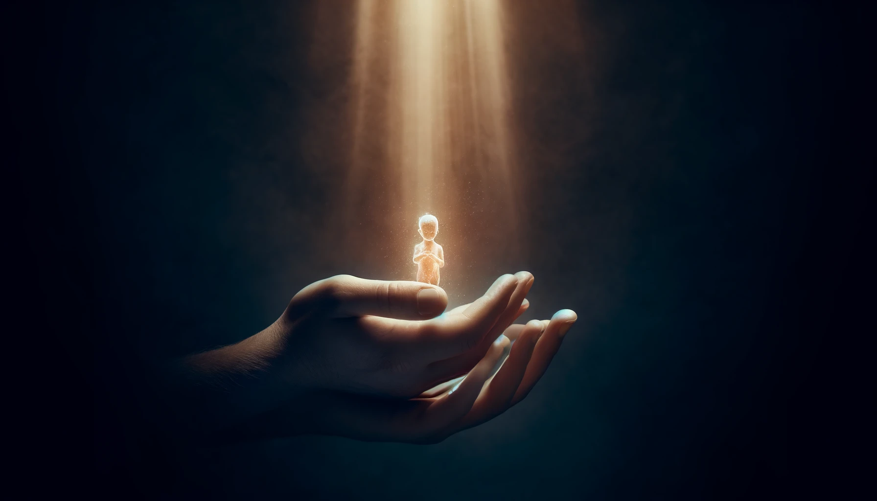 A pair of hands gently holding a small, glowing human figure.