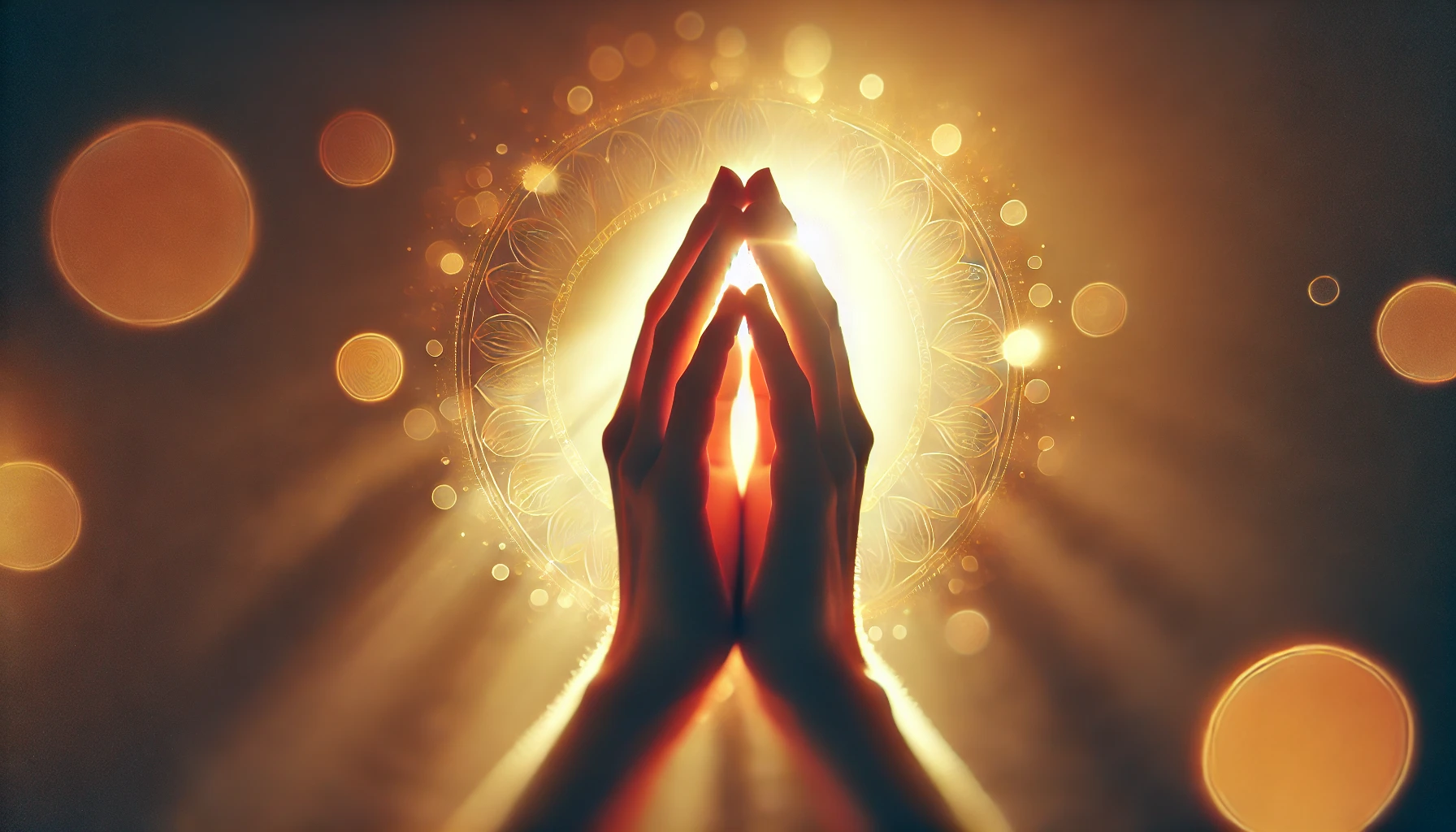 A pair of praying hands surrounded by warm light.