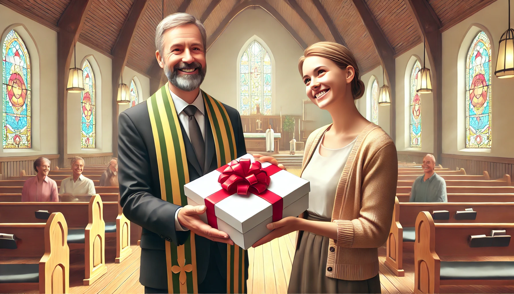 A pastor giving a gift to a woman in a church.