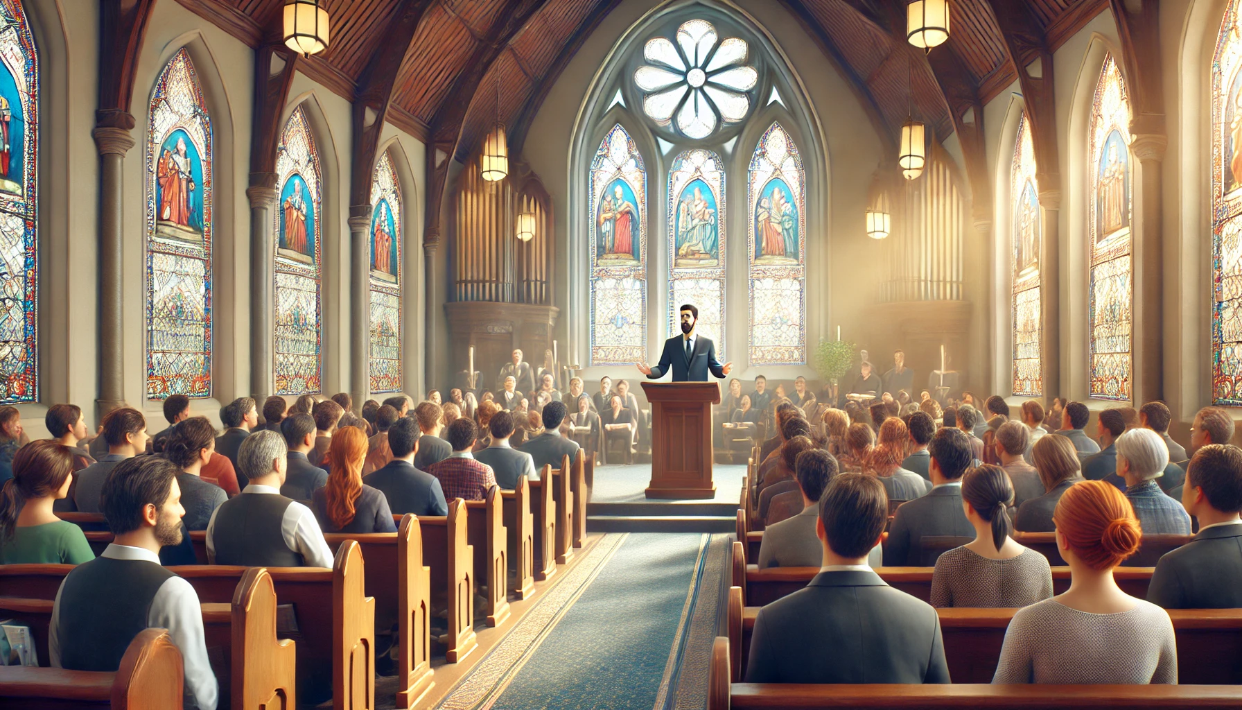 A pastor giving a sermon in a church filled with attentive congregation members.