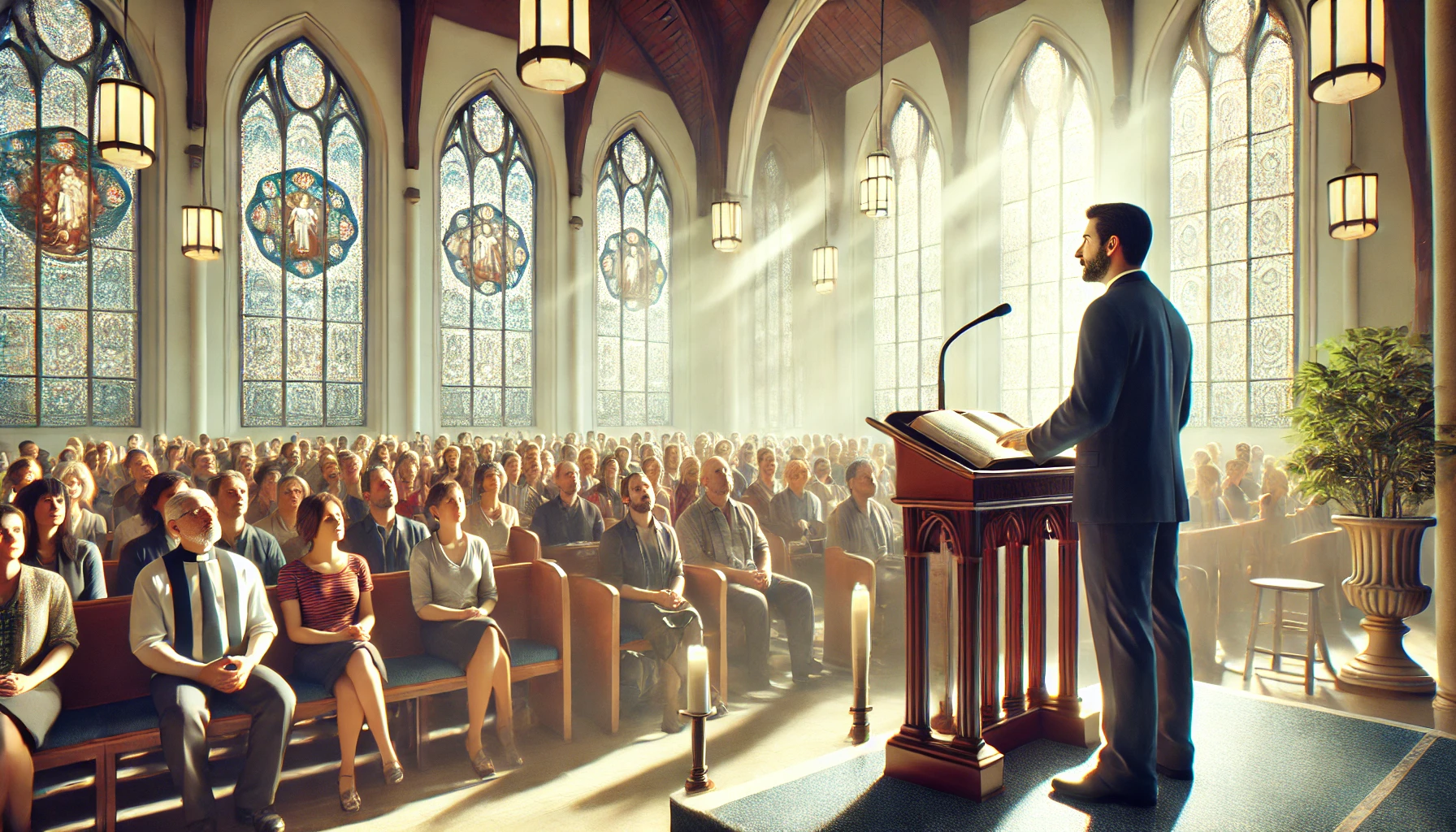 A pastor leading a church service, standing behind the pulpit with the Bible open.