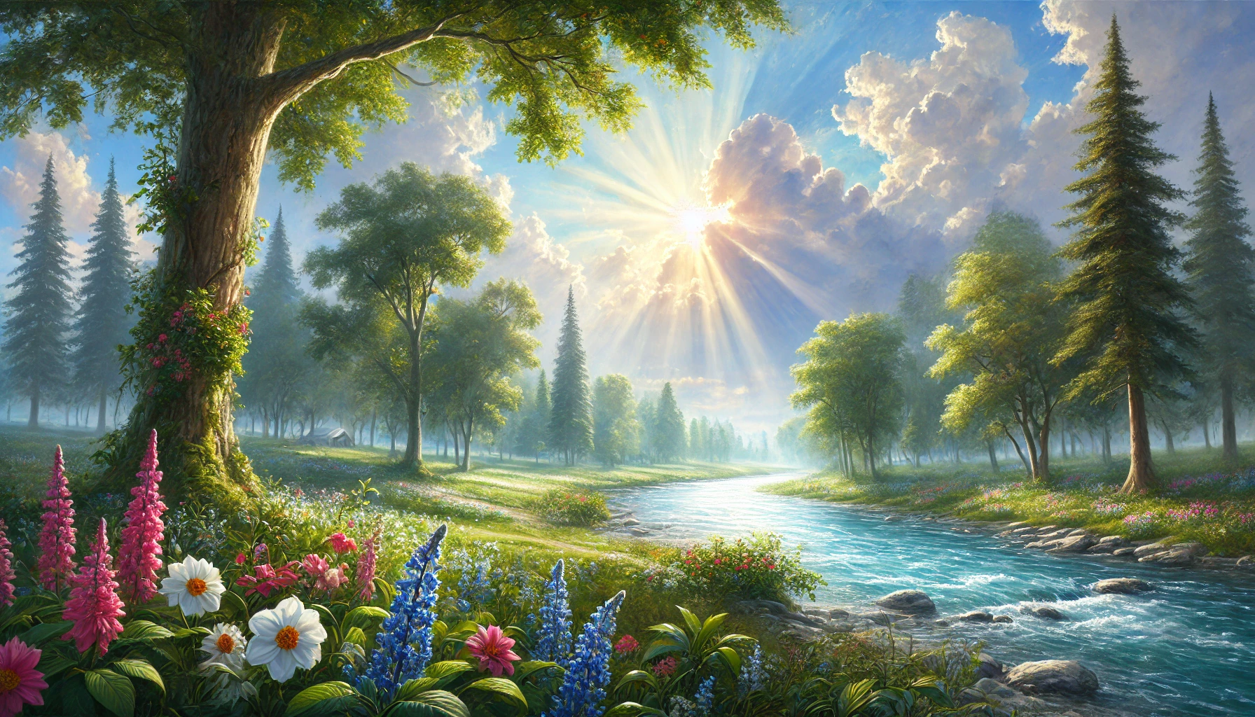 A peaceful scene at a riverbank surrounded by trees and flowers, with sunlight breaking through the clouds.