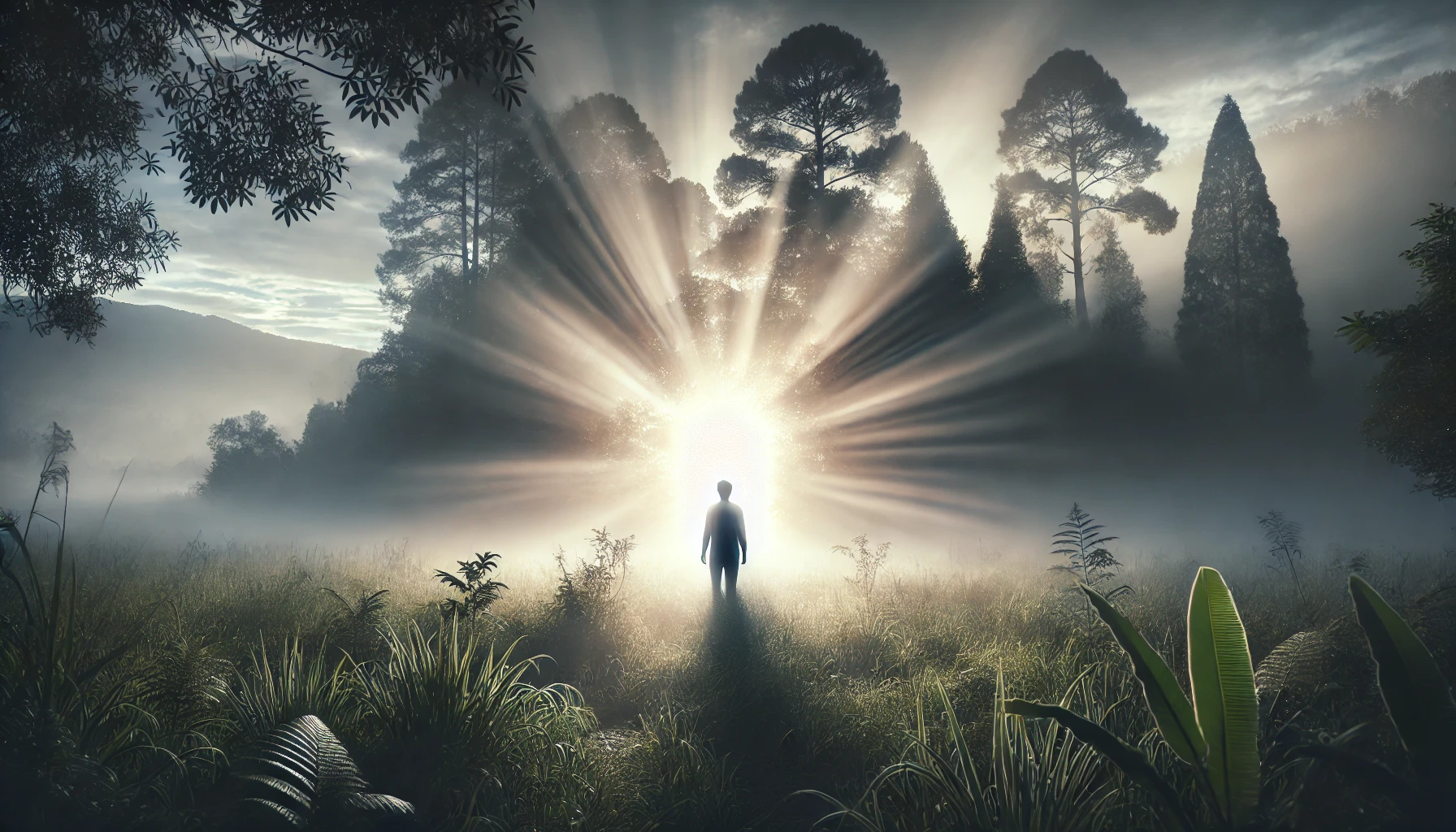 A person emerging from a dark, foggy forest into a bright, open field with rays of sunlight breaking through.