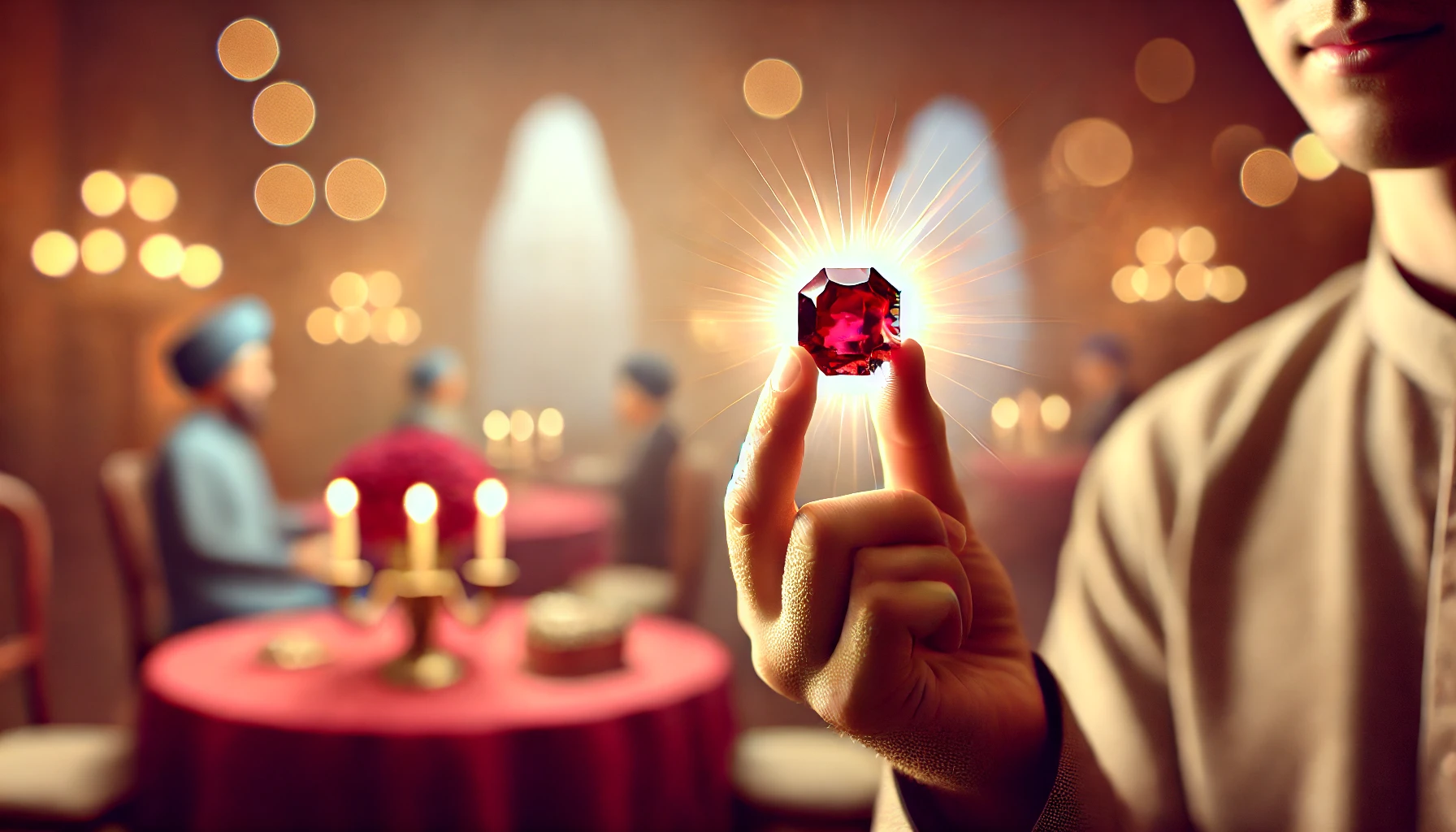 A person gently holding a ruby in their hand.