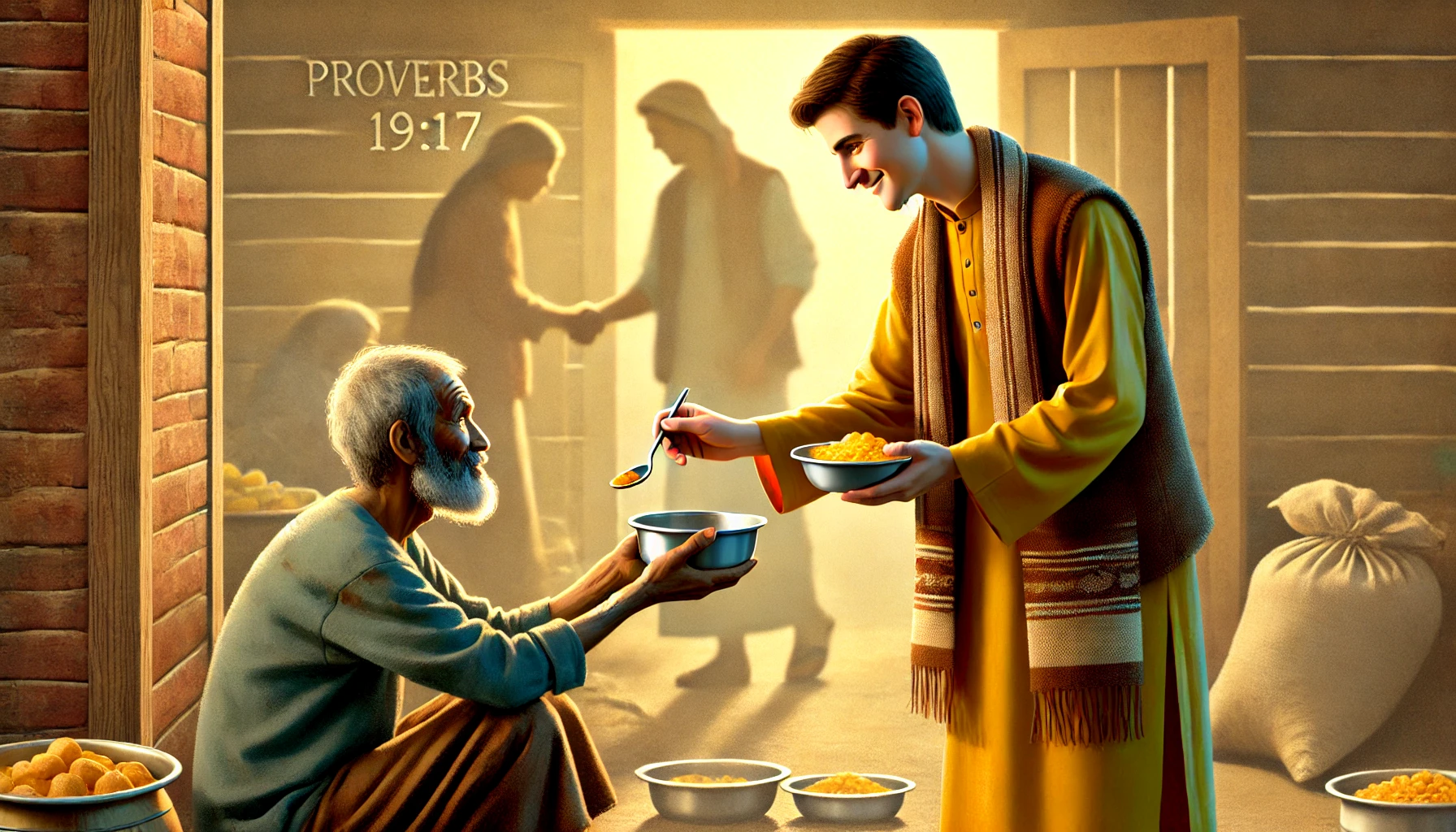 A person giving food to a poor person, with a warm and compassionate atmosphere.