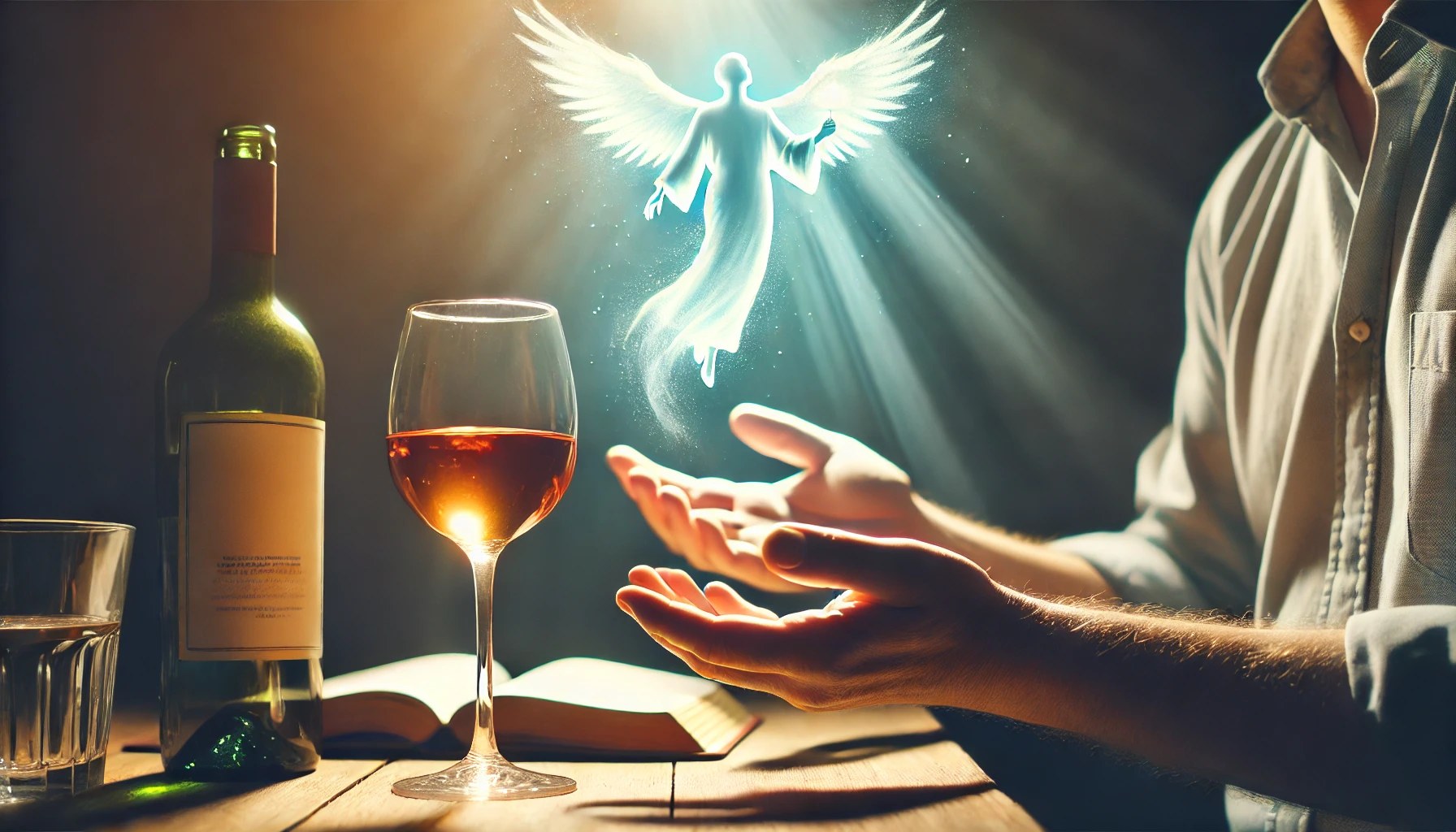 A person holding a glass of wine in one hand, while the other hand is lifted towards the sky.