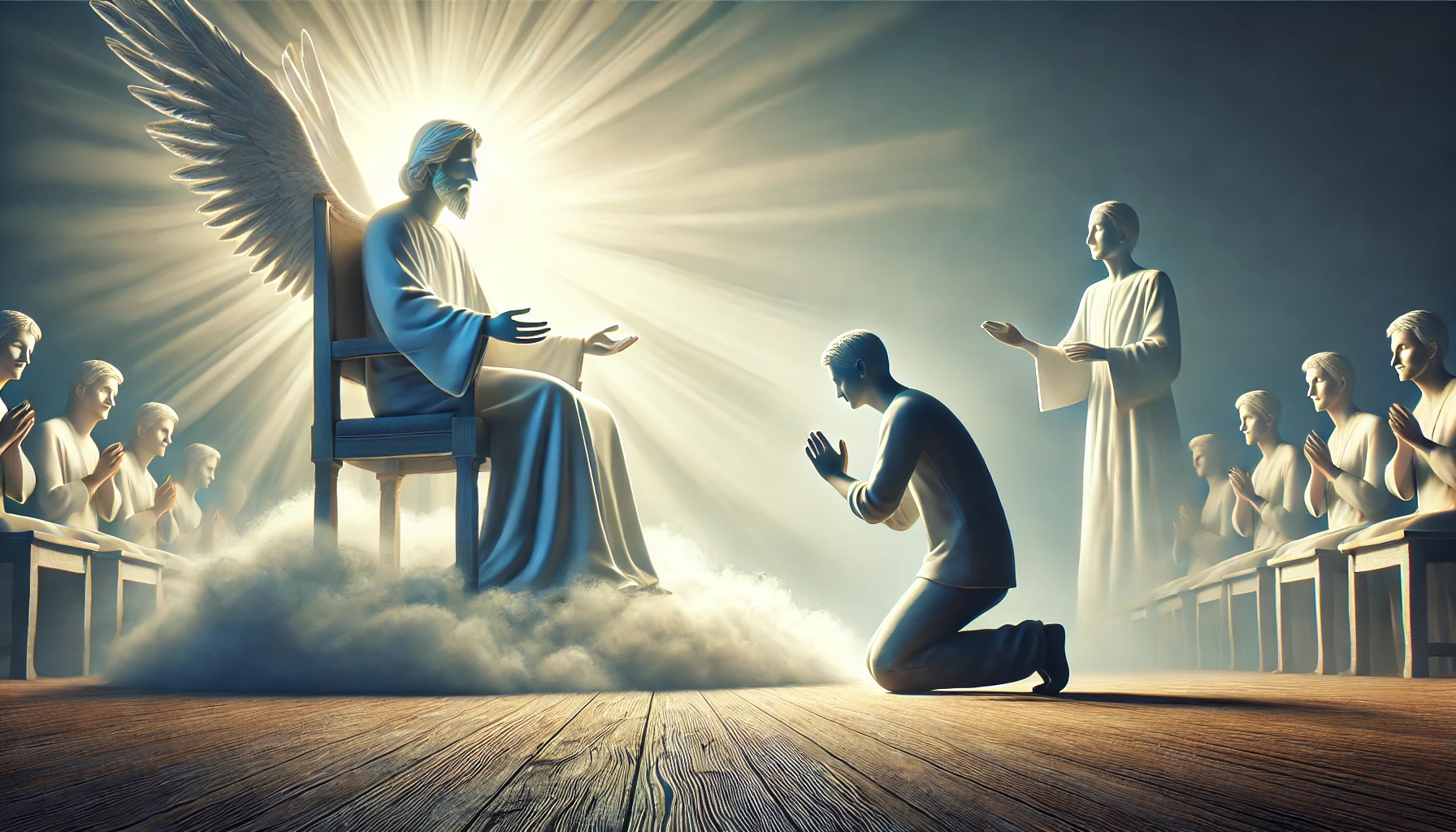 A person kneeling in prayer before a bright light representing the throne of grace.