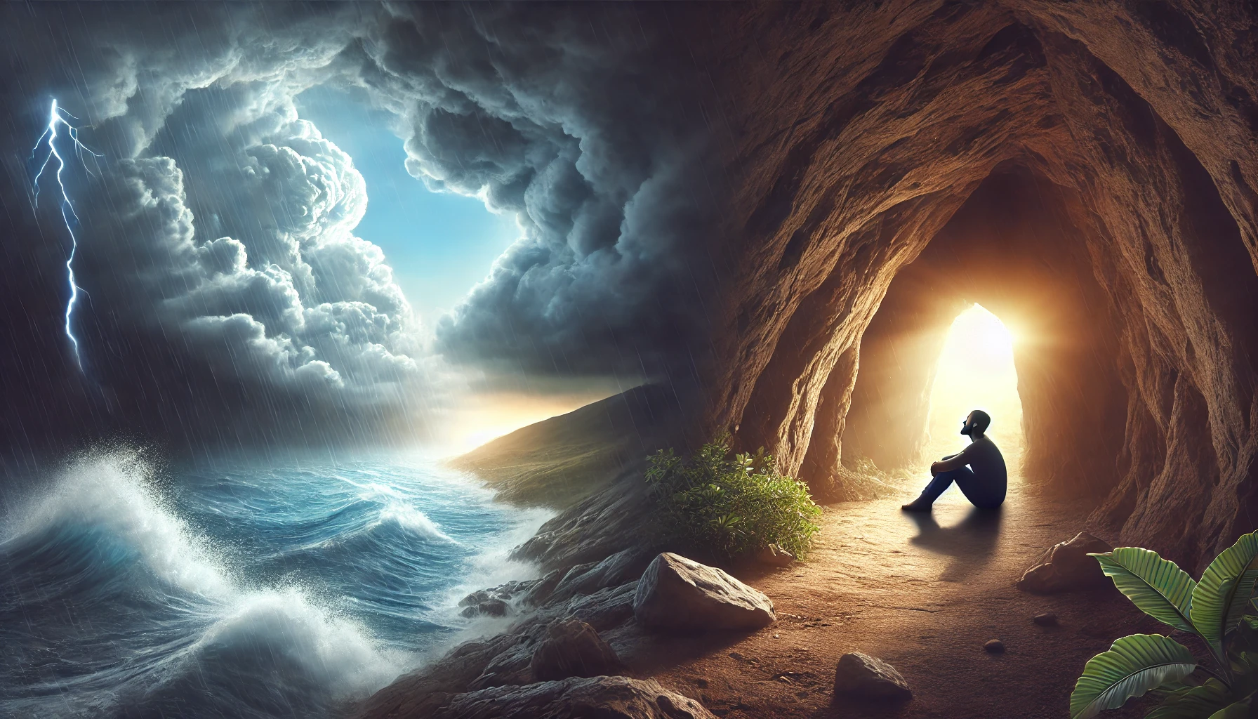 A person seeking refuge in a cave, with a peaceful expression, while outside, a storm rages.