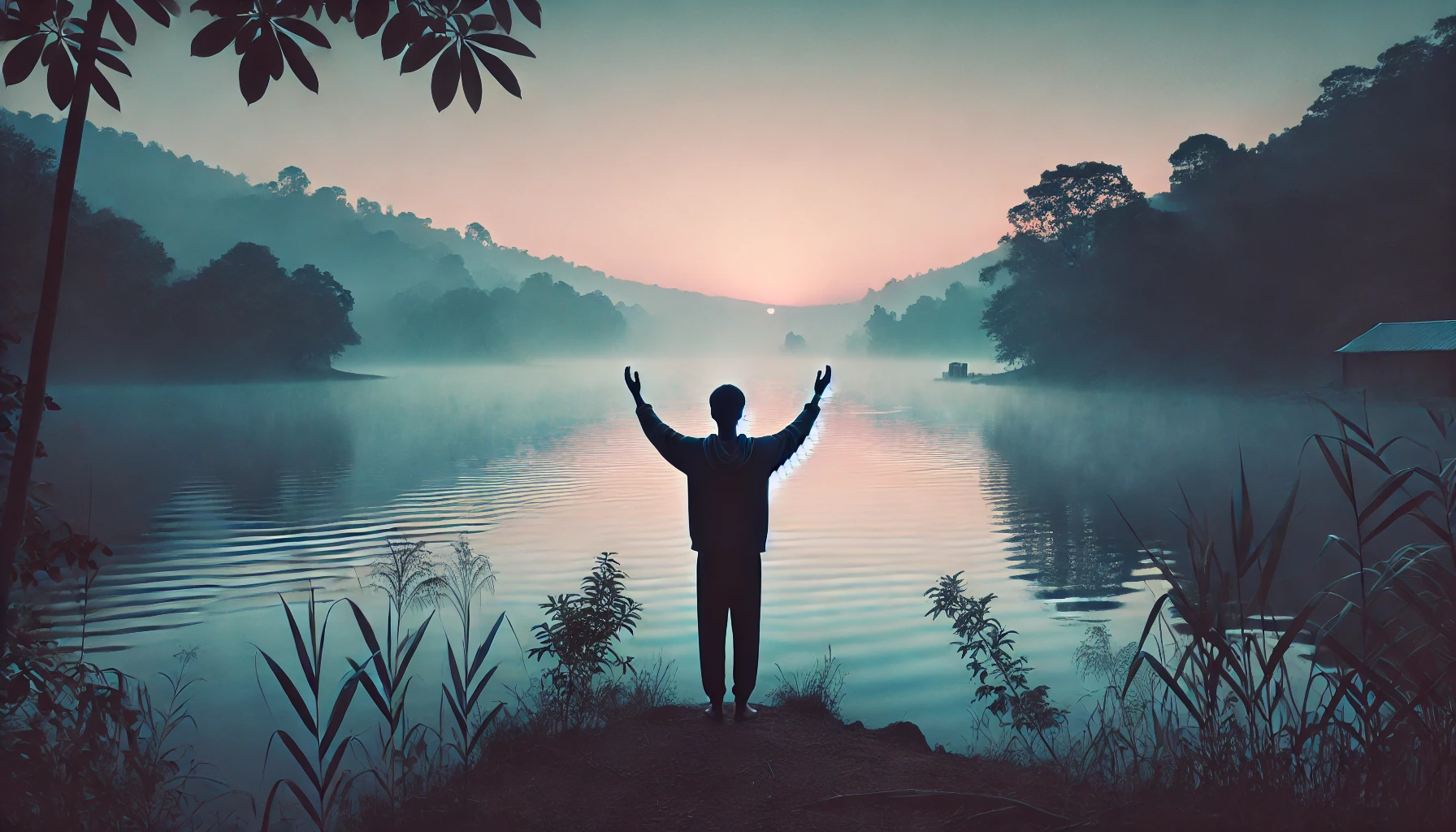 A person standing alone by a calm, misty lake at dawn, casting all their worries away as they pray.