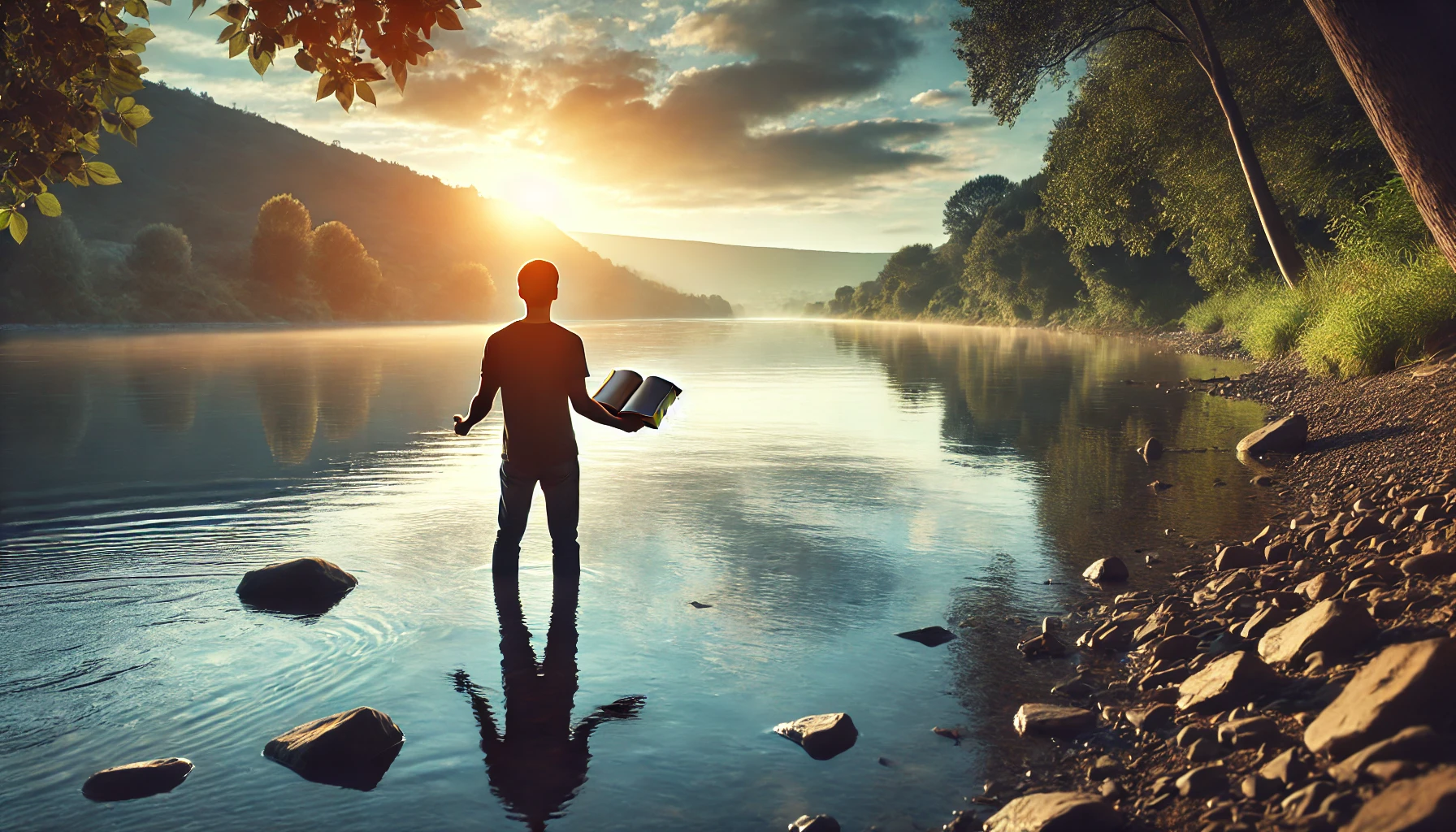 A person standing at the edge of a calm river with an open Bible in hand, surrounded by nature.