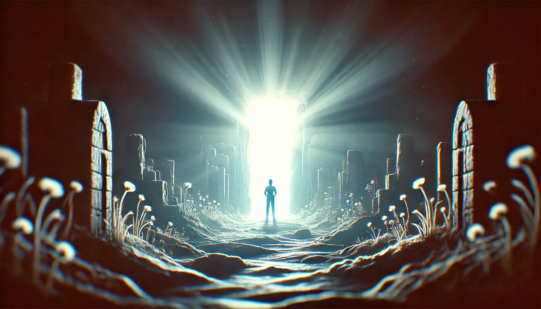 A person standing at the entrance of a stronghold with light shining from within.