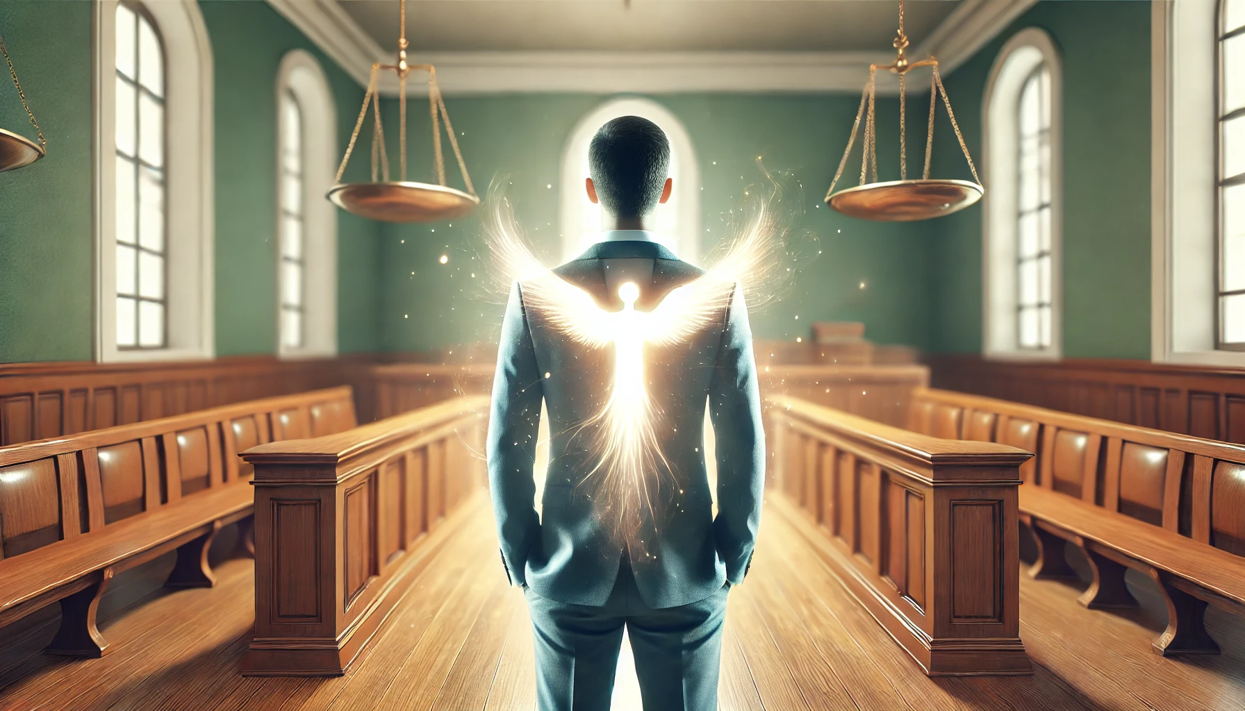 A person standing in a courtroom, calm and confident, with a soft, glowing light around them.