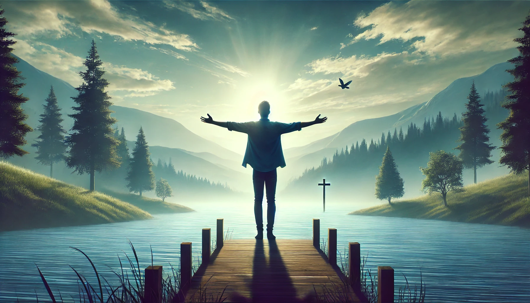 A person standing with arms outstretched towards the sky in a serene landscape.