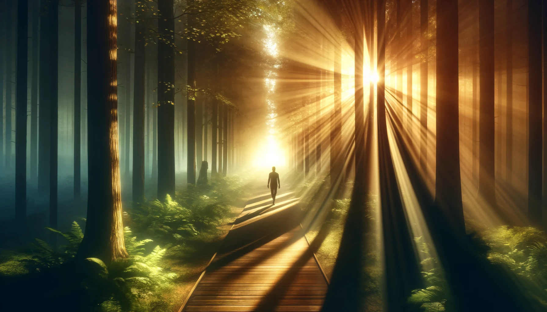 A person walking on a sunlit forest path, with light breaking through the trees.