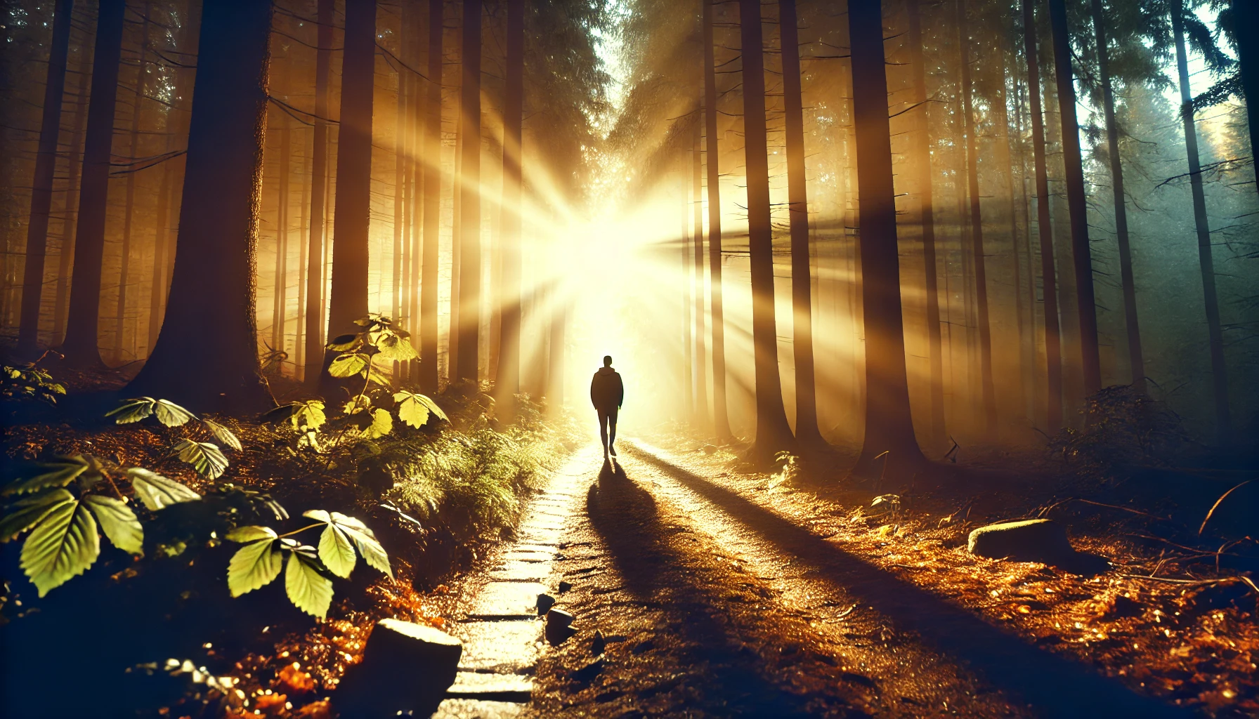 A person walking on a sunlit path through a dense forest, with sunlight filtering through the trees.