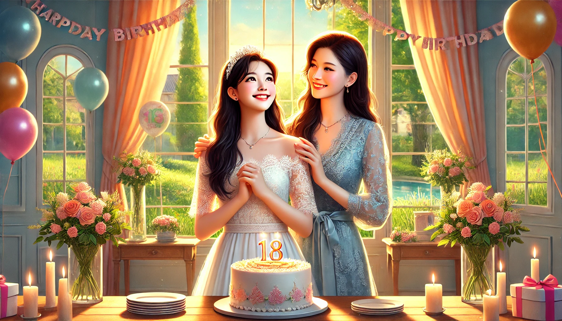 A photorealistic illustration of a mother and her 18-year-old daughter standing together in a beautifully decorated room for the daughter's birthday