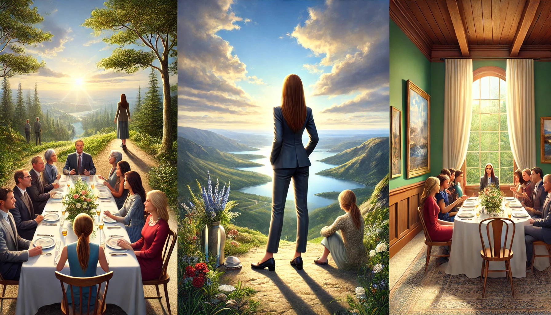  A photorealistic illustration of a young woman standing confidently at the edge of a scenic overlook, gazing out at a beautiful, expansive landscape