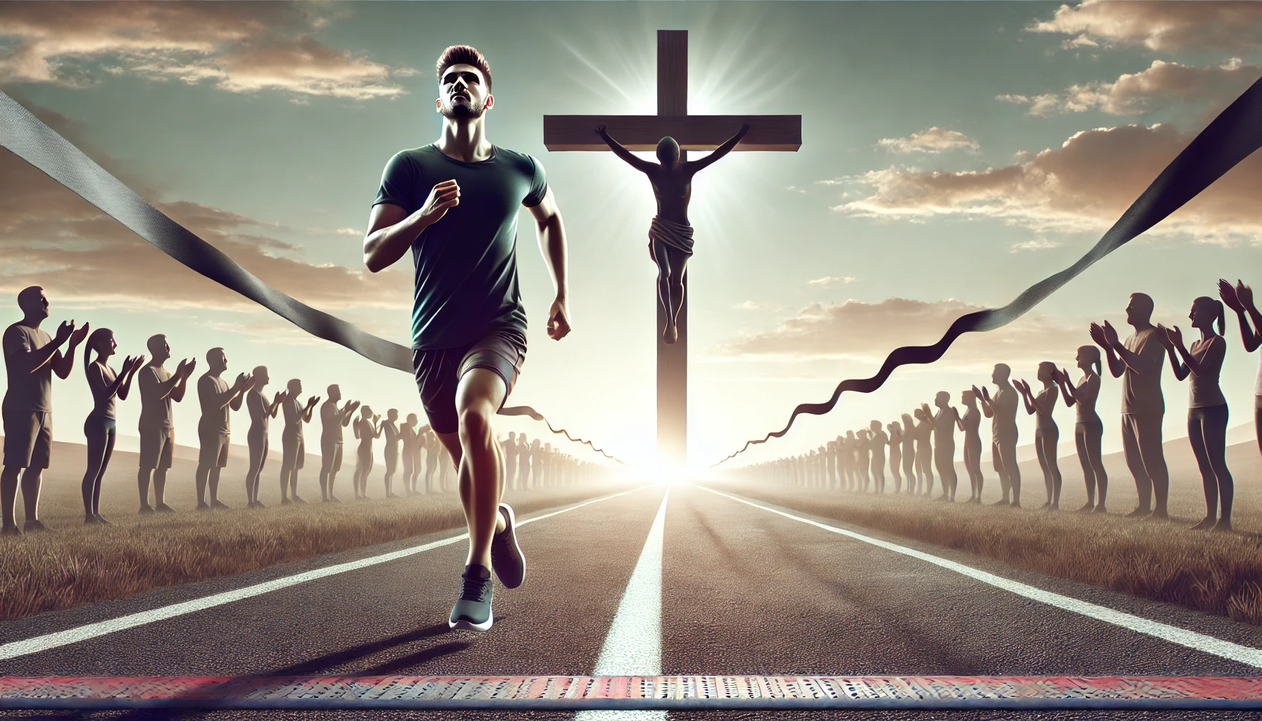 A runner approaching a finish line with a cross in the background.