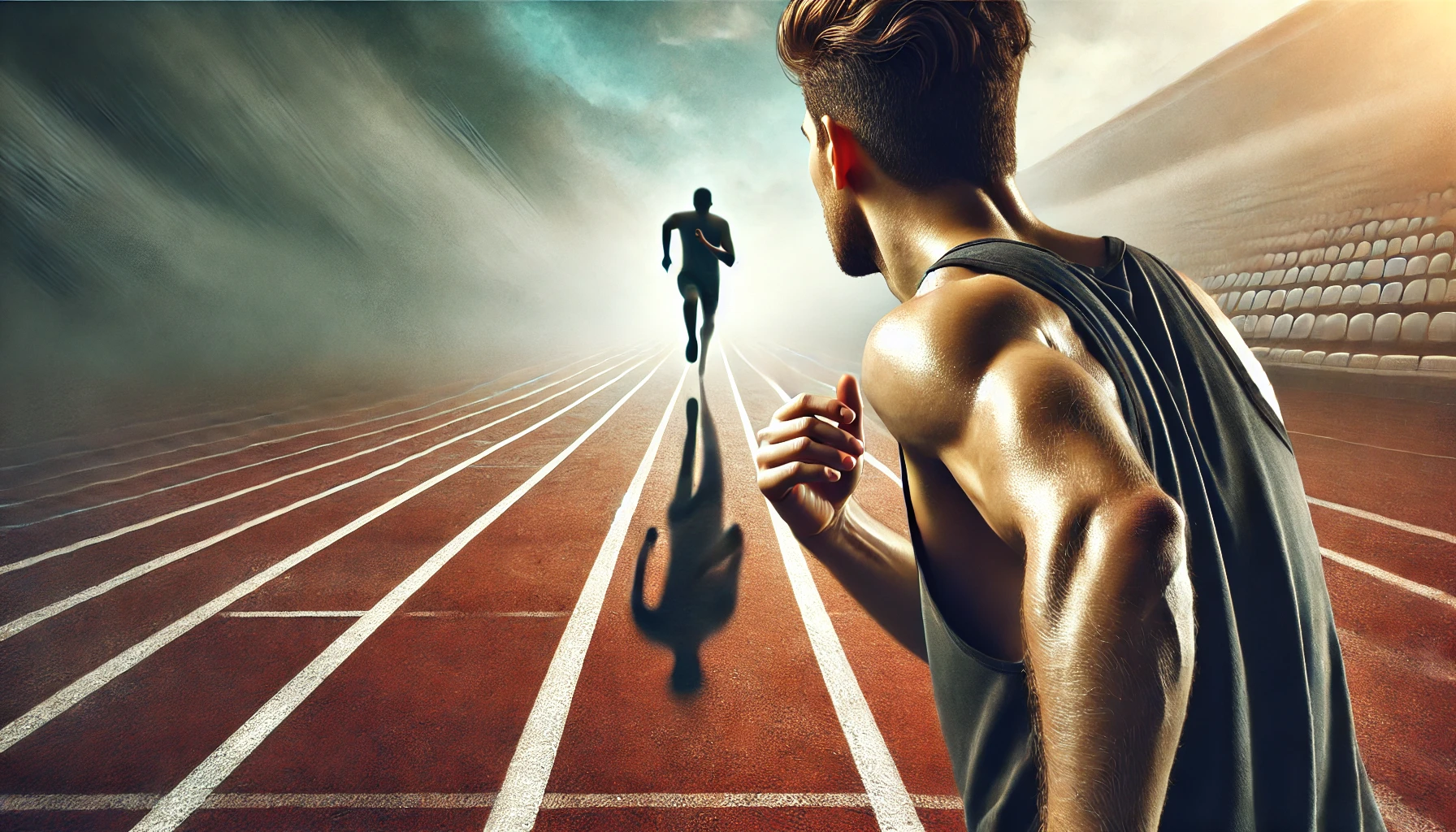 A runner on a track looking back over their shoulder at a distraction or obstacle behind them.