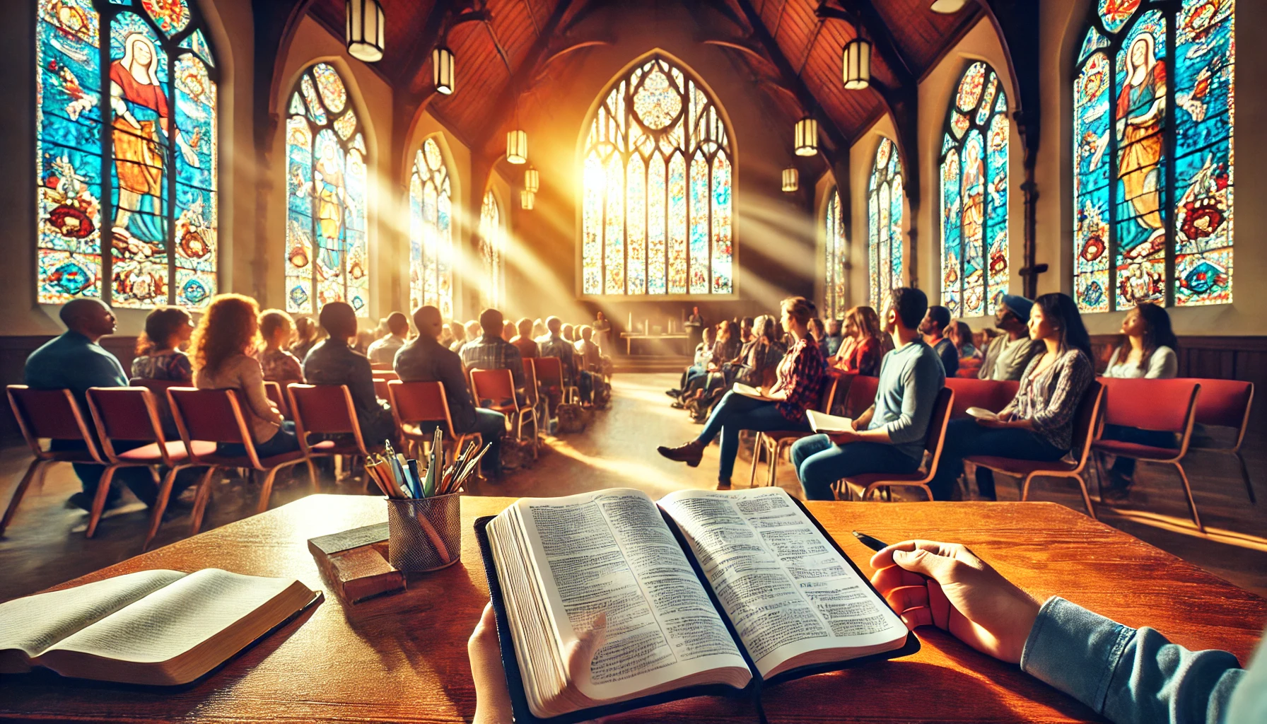 A serene church setting with diverse members gathered for a meeting, open Bibles and notebooks in hand, sunlight streaming through stained glass windows, and a peaceful, welcoming atmosphere reflecting unity and devotion.